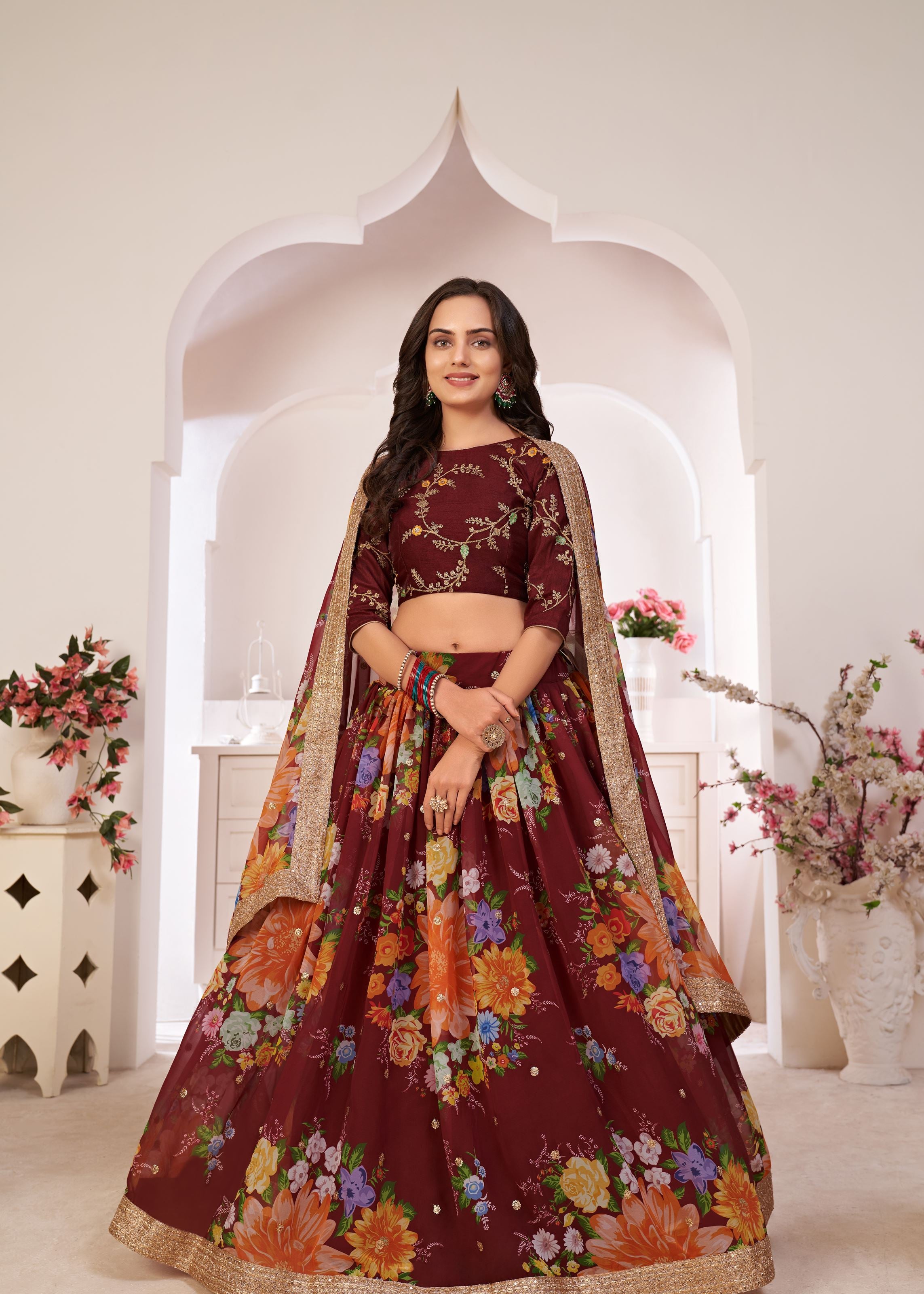 Maroon Lehenga Choli With Digital Floral Print And Embroidered Work With Jari Sequins Dori Work