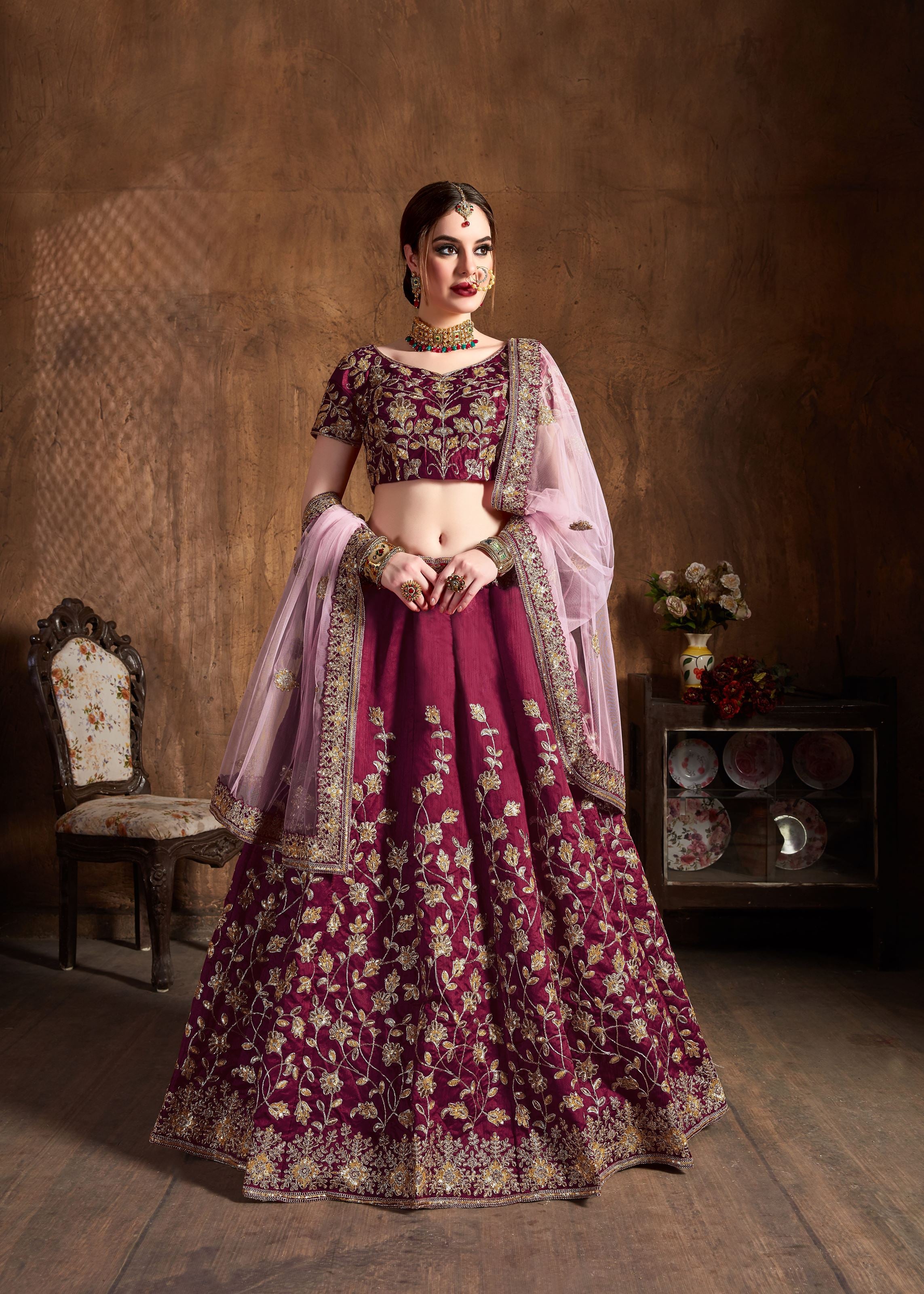 Maroon Lehenga Choli With Dori, Badla And Sequins Embroidery