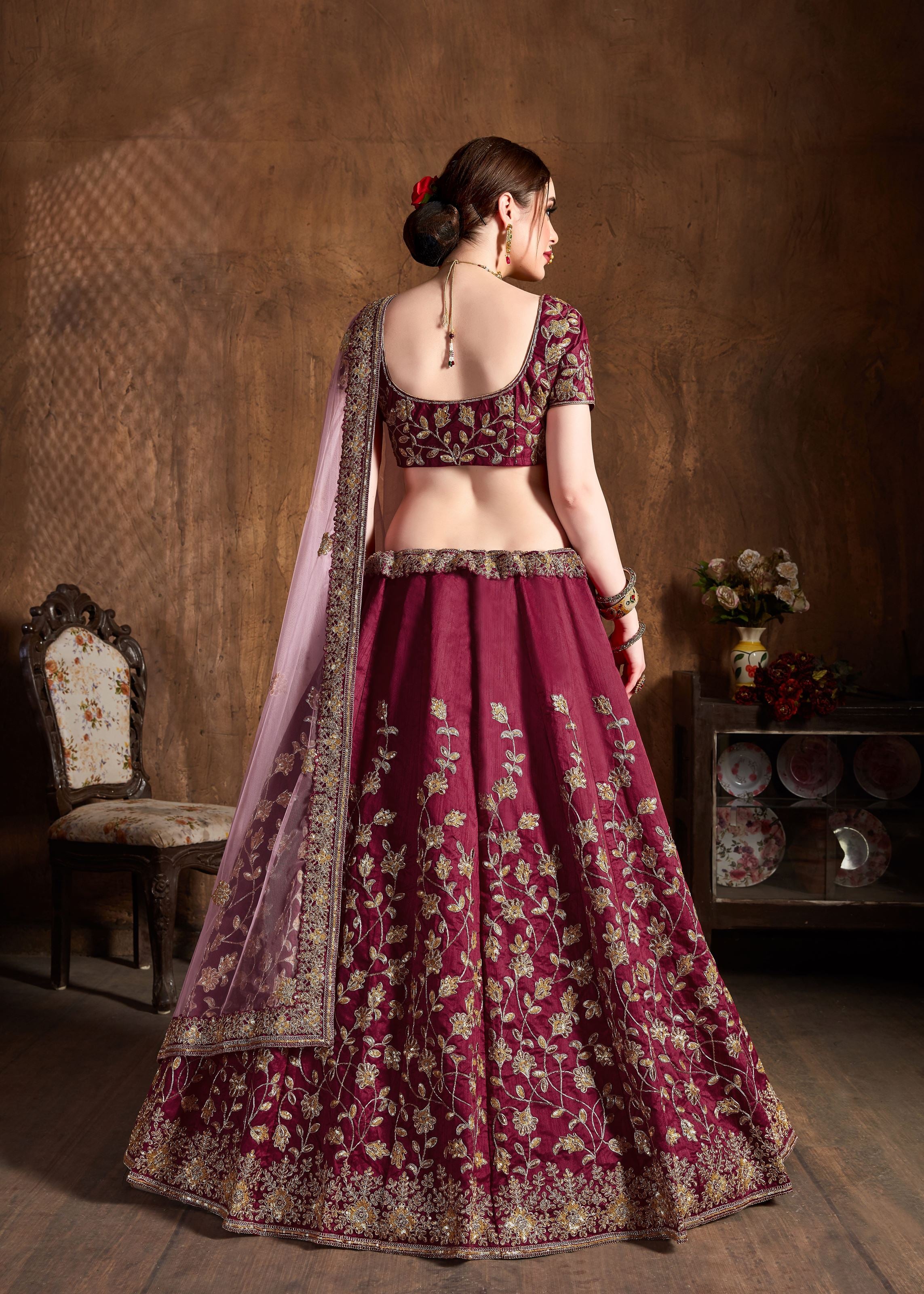 Maroon Lehenga Choli With Dori, Badla And Sequins Embroidery