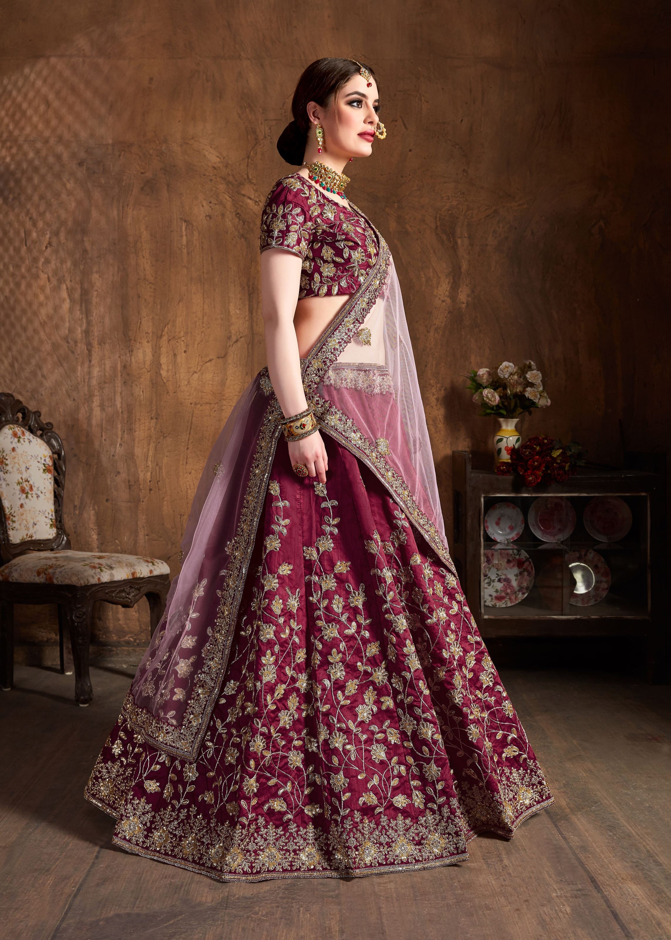 Maroon Lehenga Choli With Dori, Badla And Sequins Embroidery