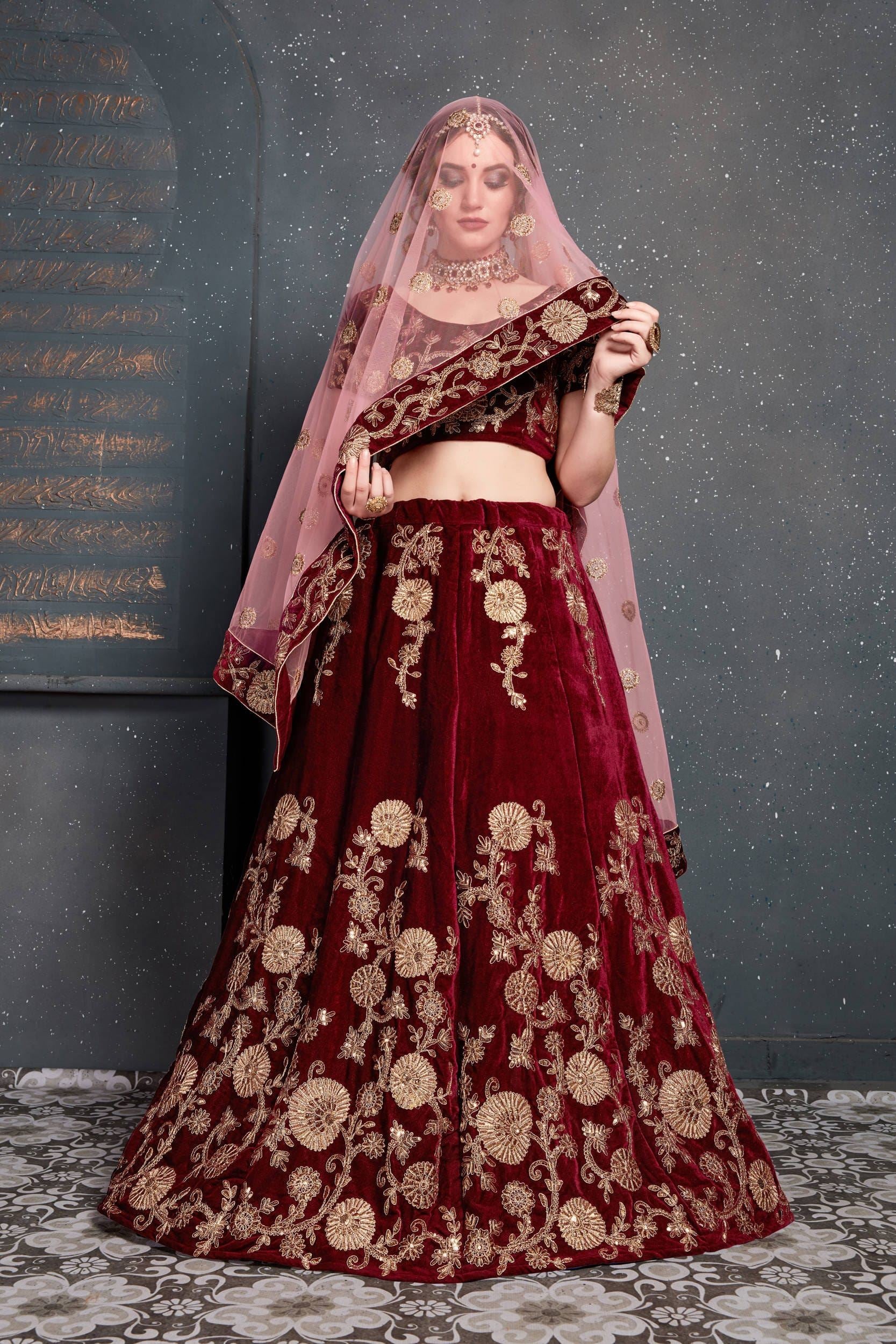 Maroon Lehenga Choli With Dori, Zari And Sequins Embroidery Work