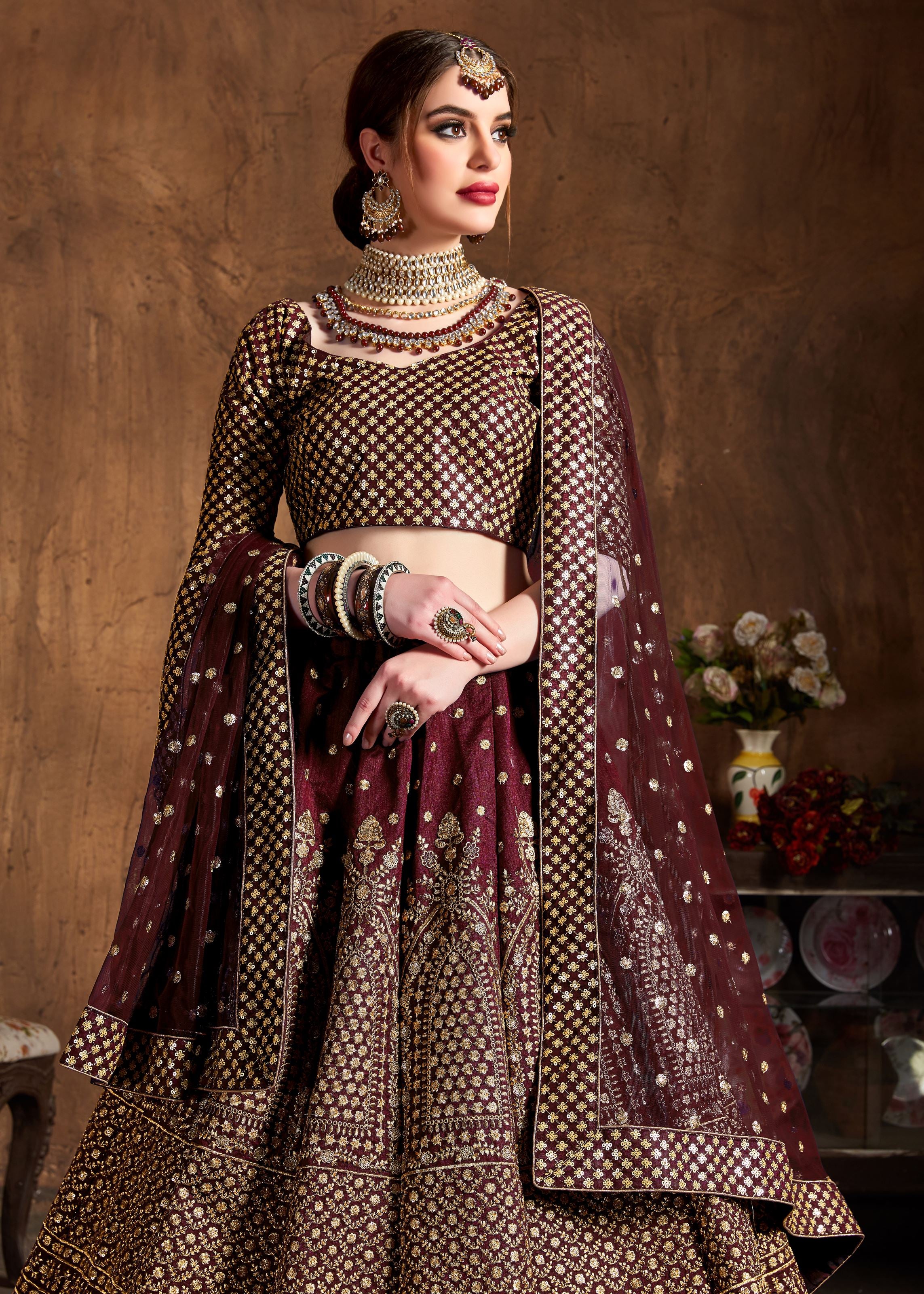 Maroon Lehenga Choli With Zari And Glitter Sequins Embroidery