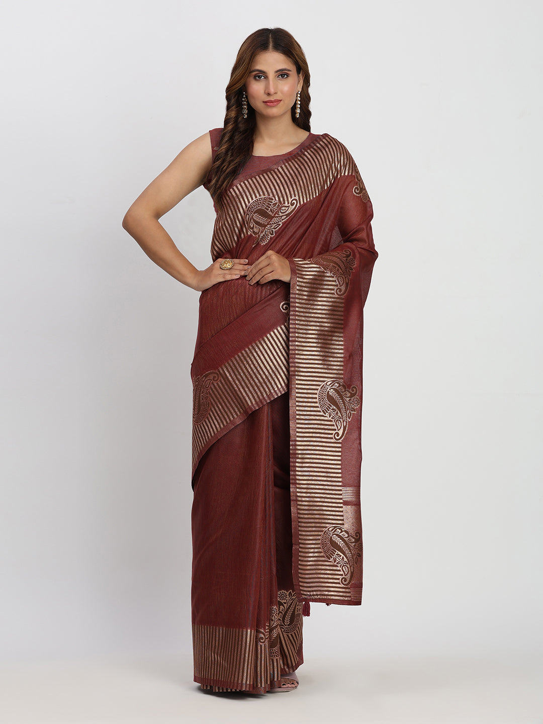 Maroon Linen Cotton Woven Galla Designer Traditional Partywear Saree