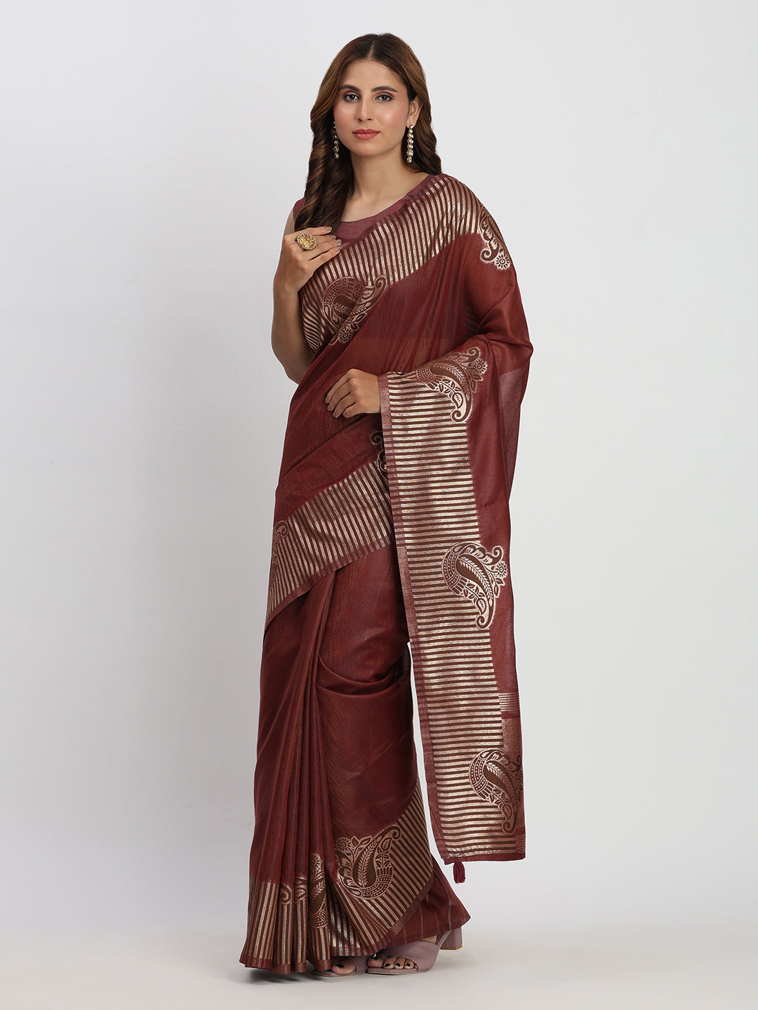 Maroon Linen Cotton Woven Galla Designer Traditional Partywear Saree