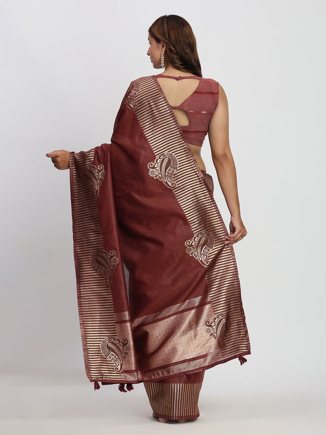 Maroon Linen Cotton Woven Galla Designer Traditional Partywear Saree