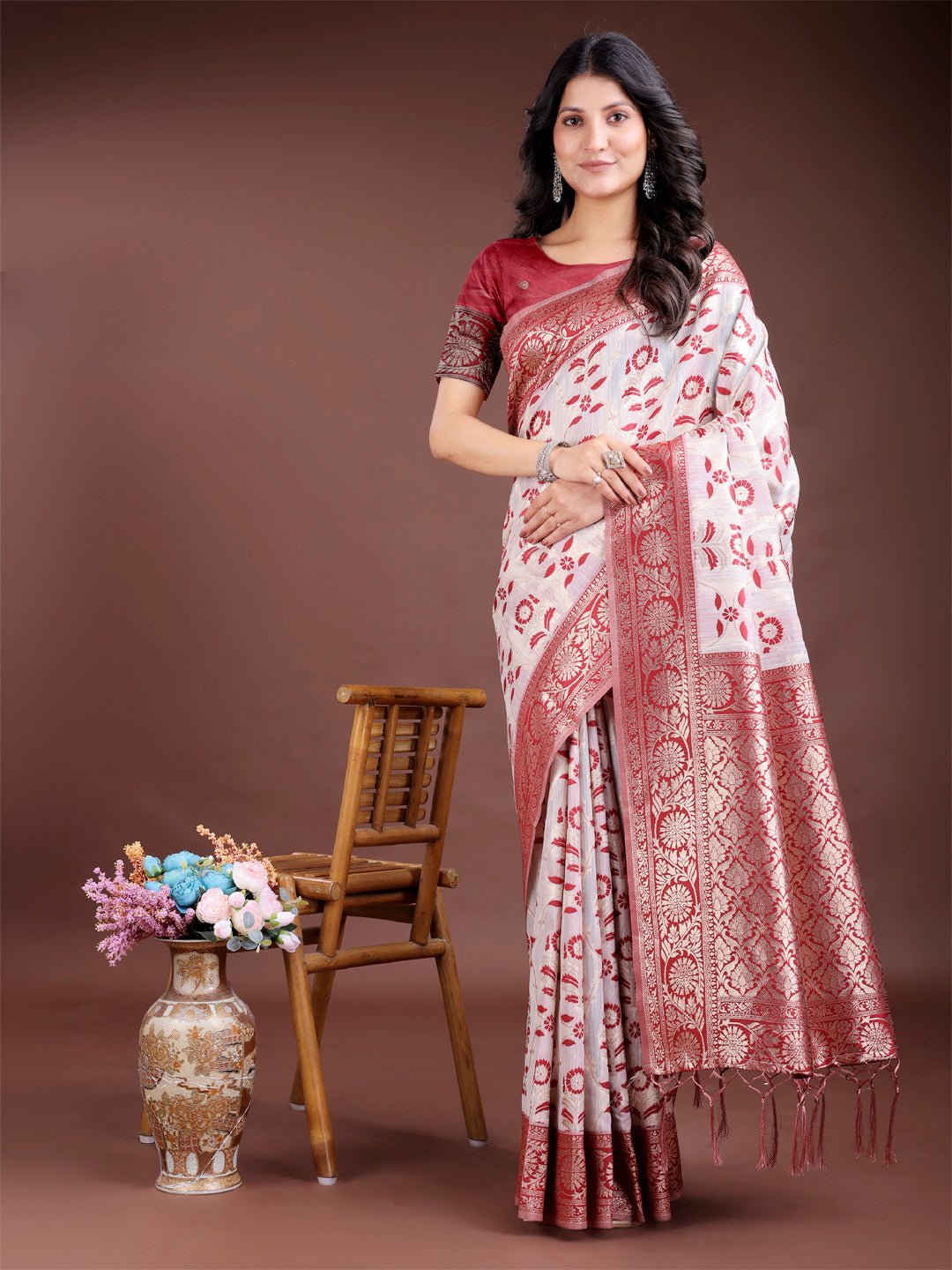 Maroon Linen Cotton Woven Jacquard Designer Beautiful Festive Saree