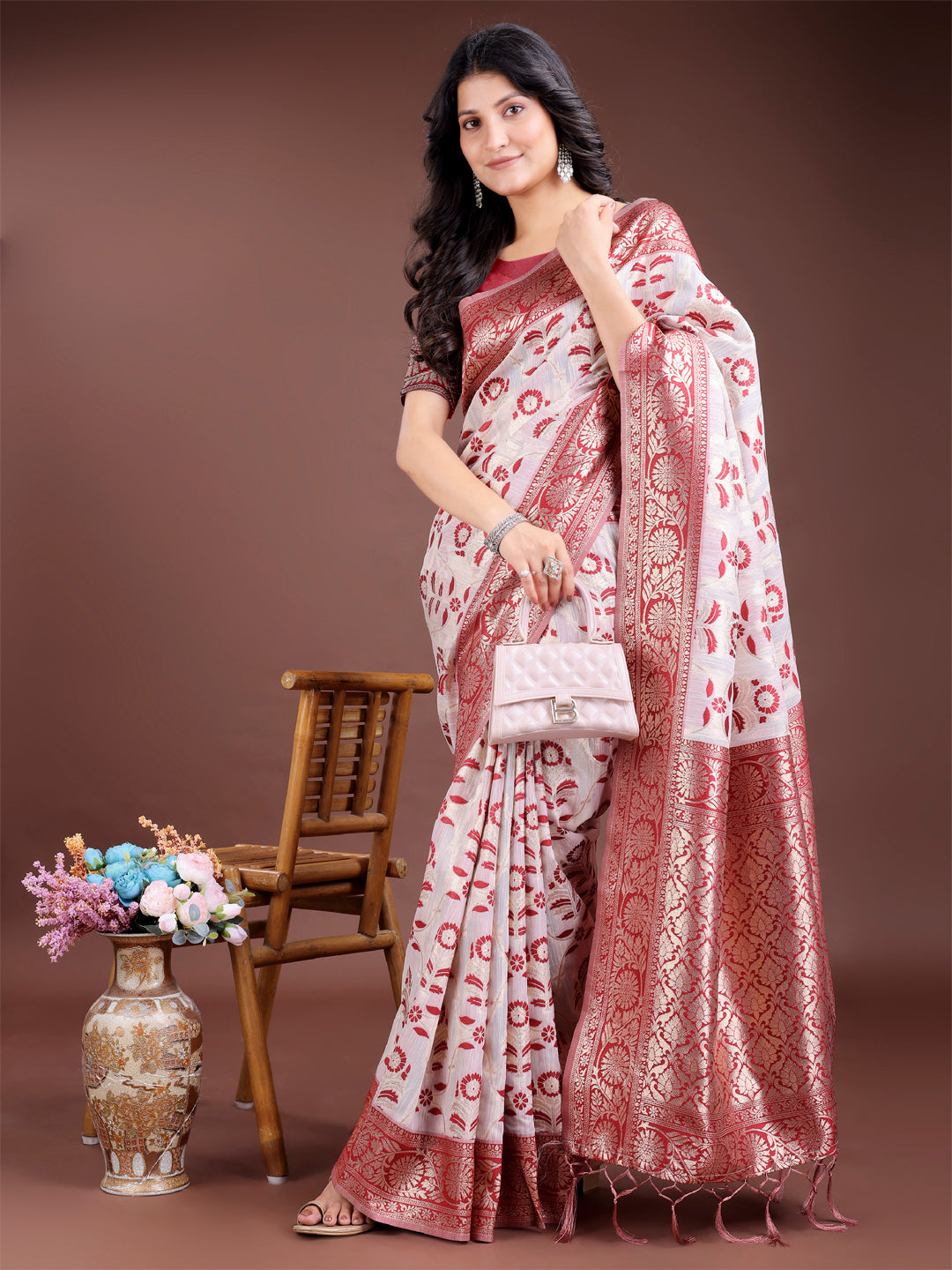 Maroon Linen Cotton Woven Jacquard Designer Beautiful Festive Saree