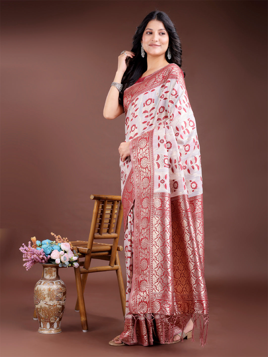 Maroon Linen Cotton Woven Jacquard Designer Beautiful Festive Saree