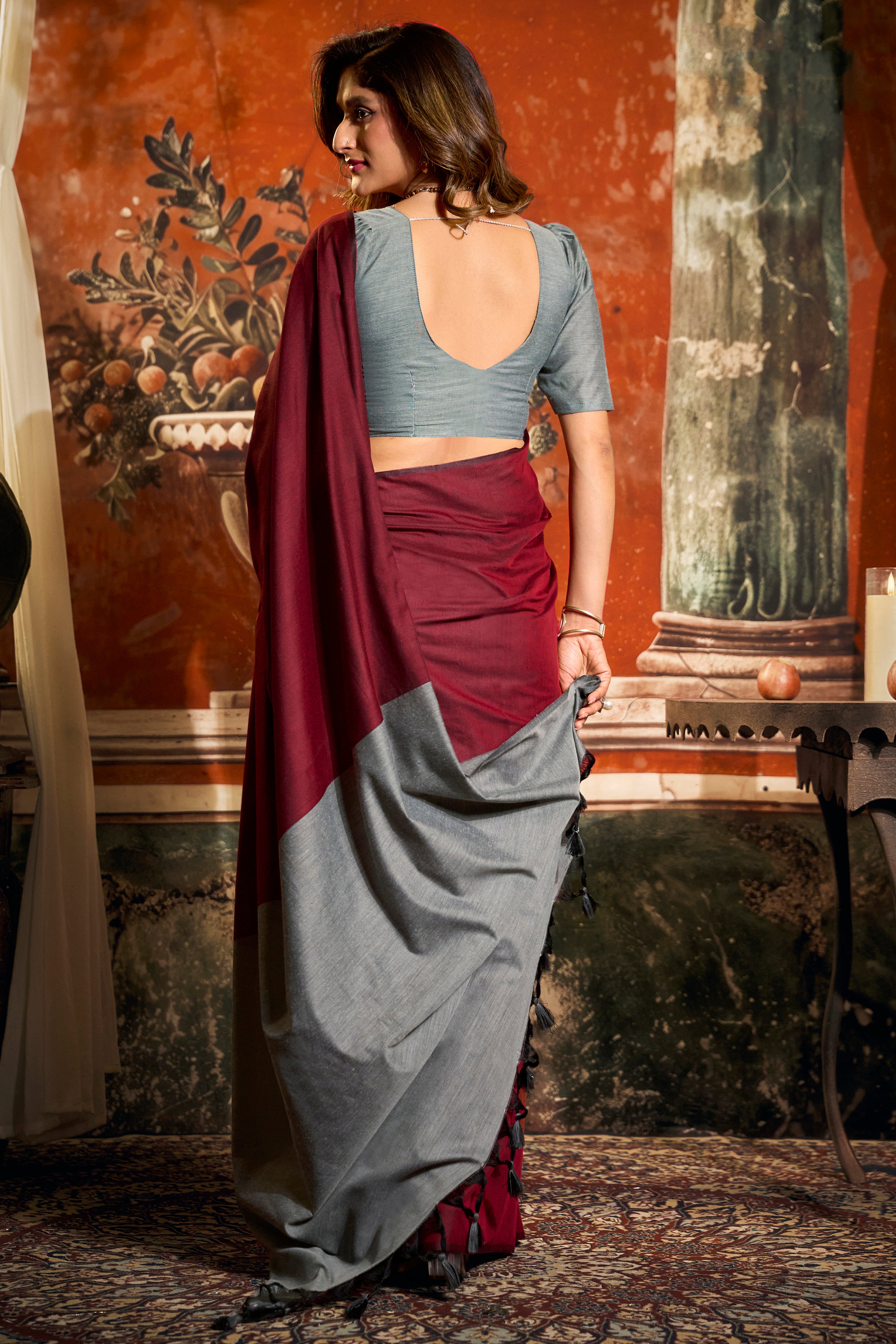 Maroon Mal Cotton Saree with Elegant Contrast Pallu Styling