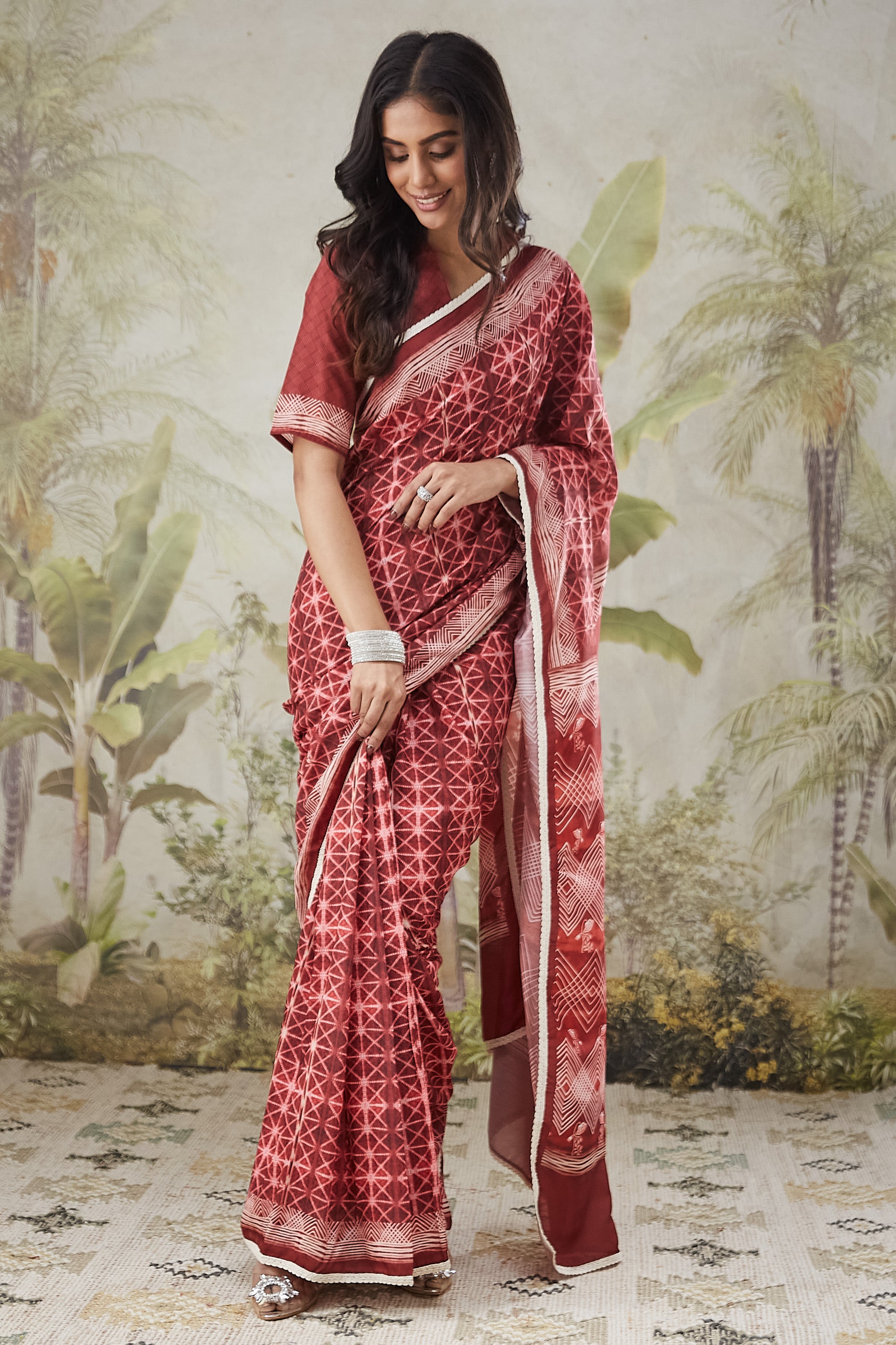Maroon Muslin Designer Printed Ready To Wear Saree