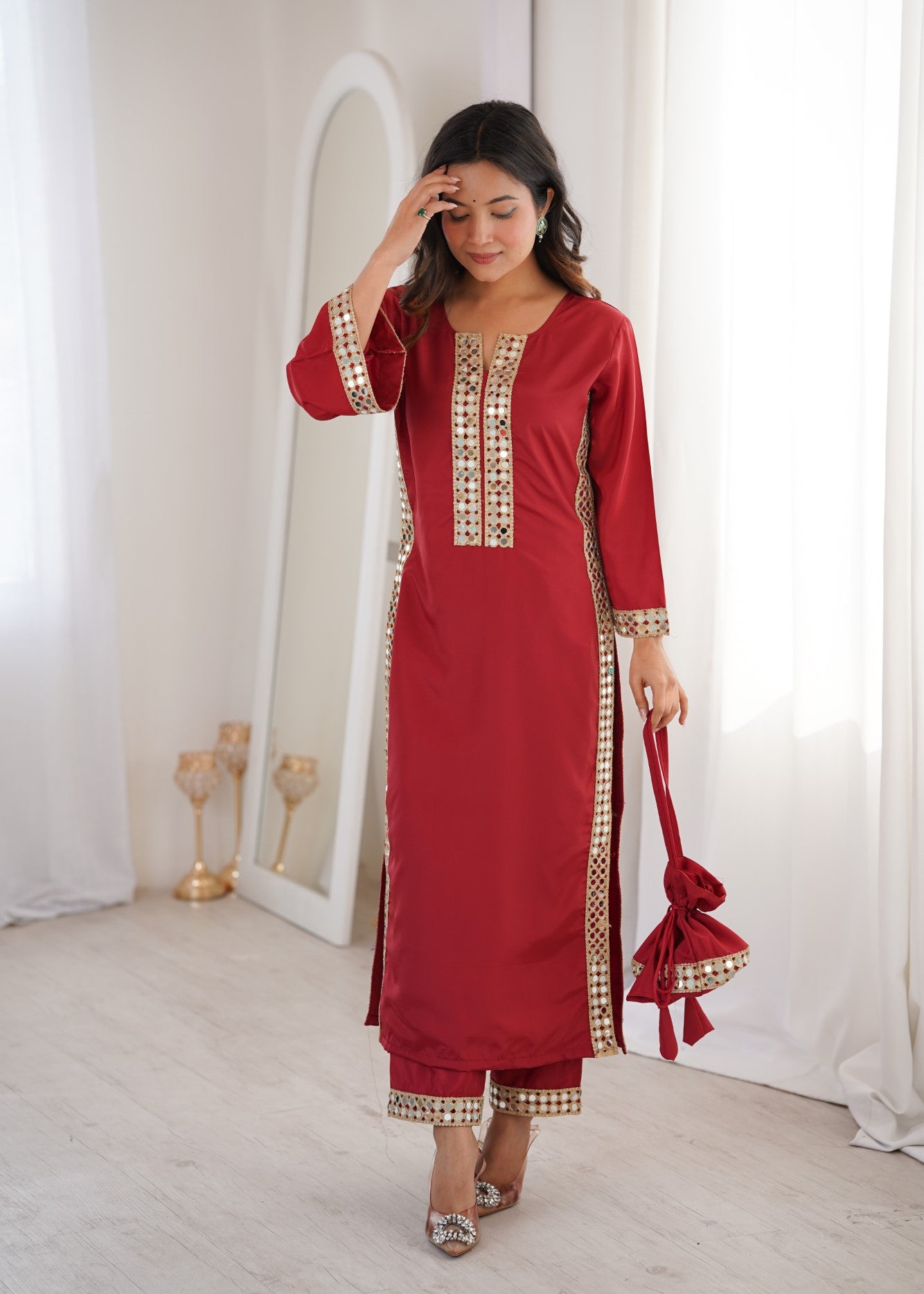 Maroon Natural Crepe Designer Suit Set With Mirror Lace Accents