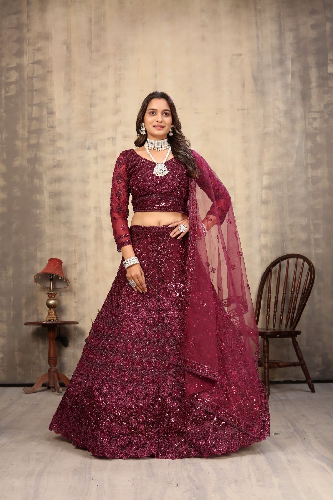 Maroon Net Lehenga Choli With Embroidery Work