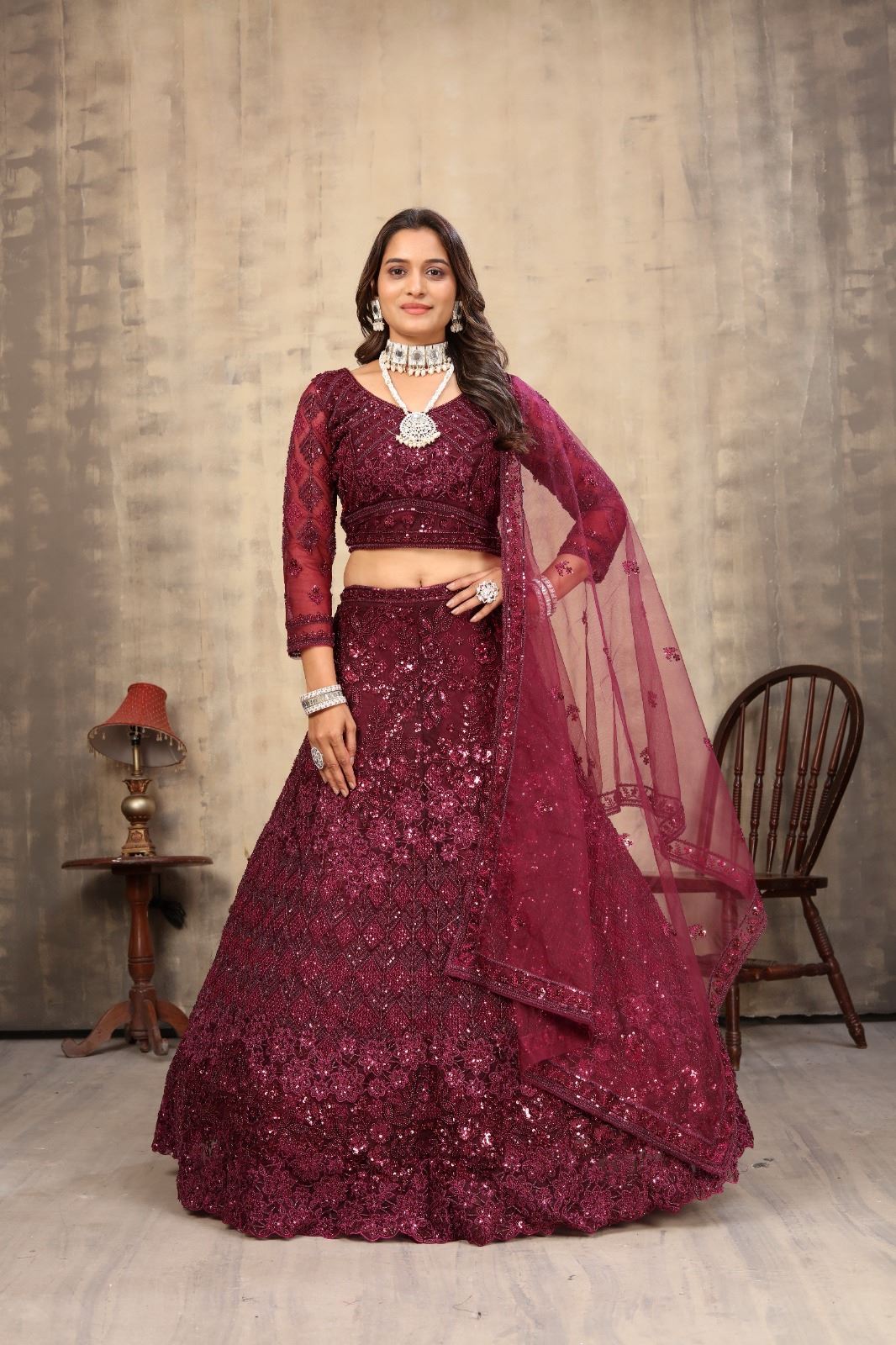 Maroon Net Lehenga Choli With Embroidery Work