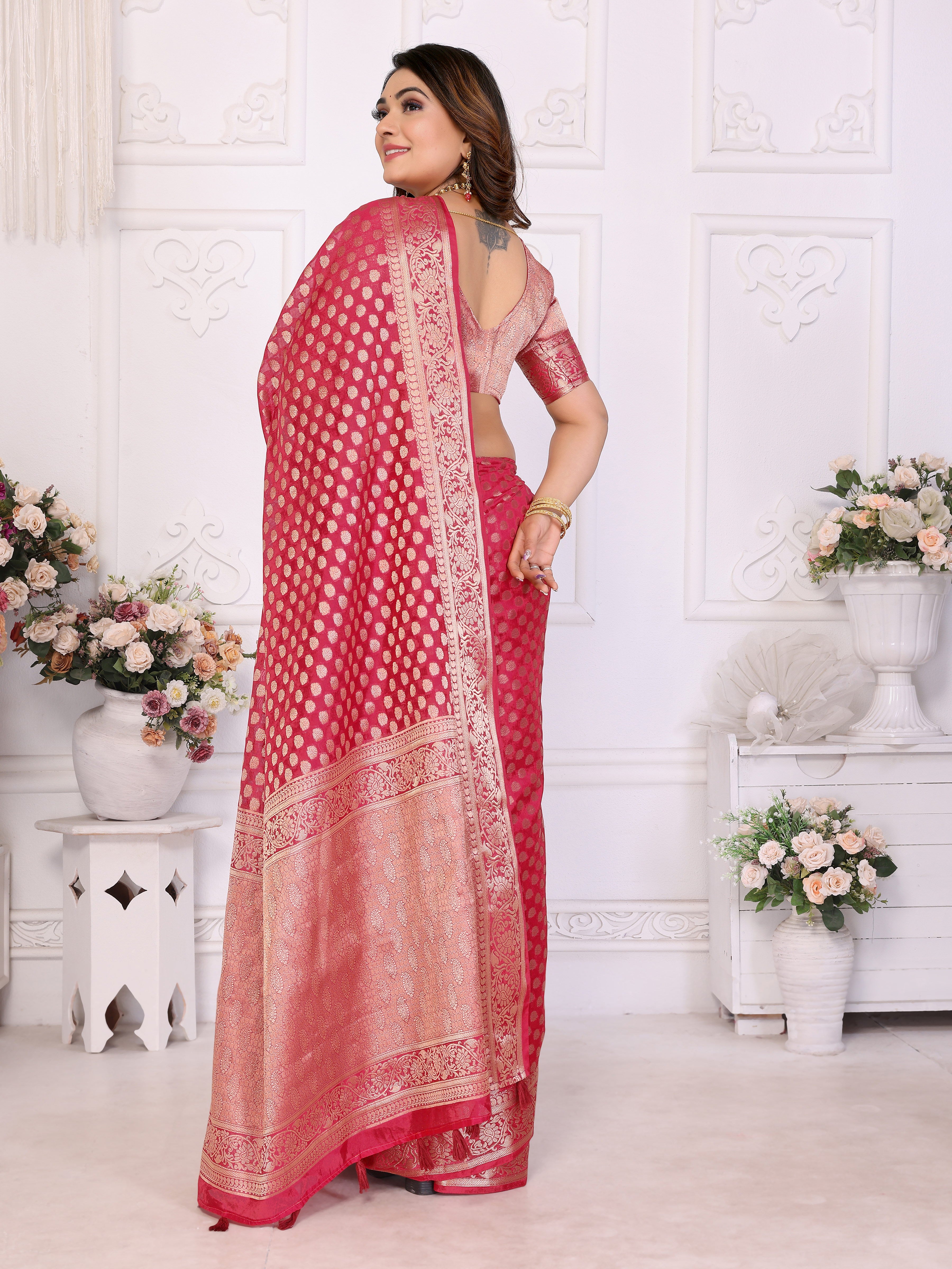 Maroon Organza Gold Zari Designer Ceremonial Saree