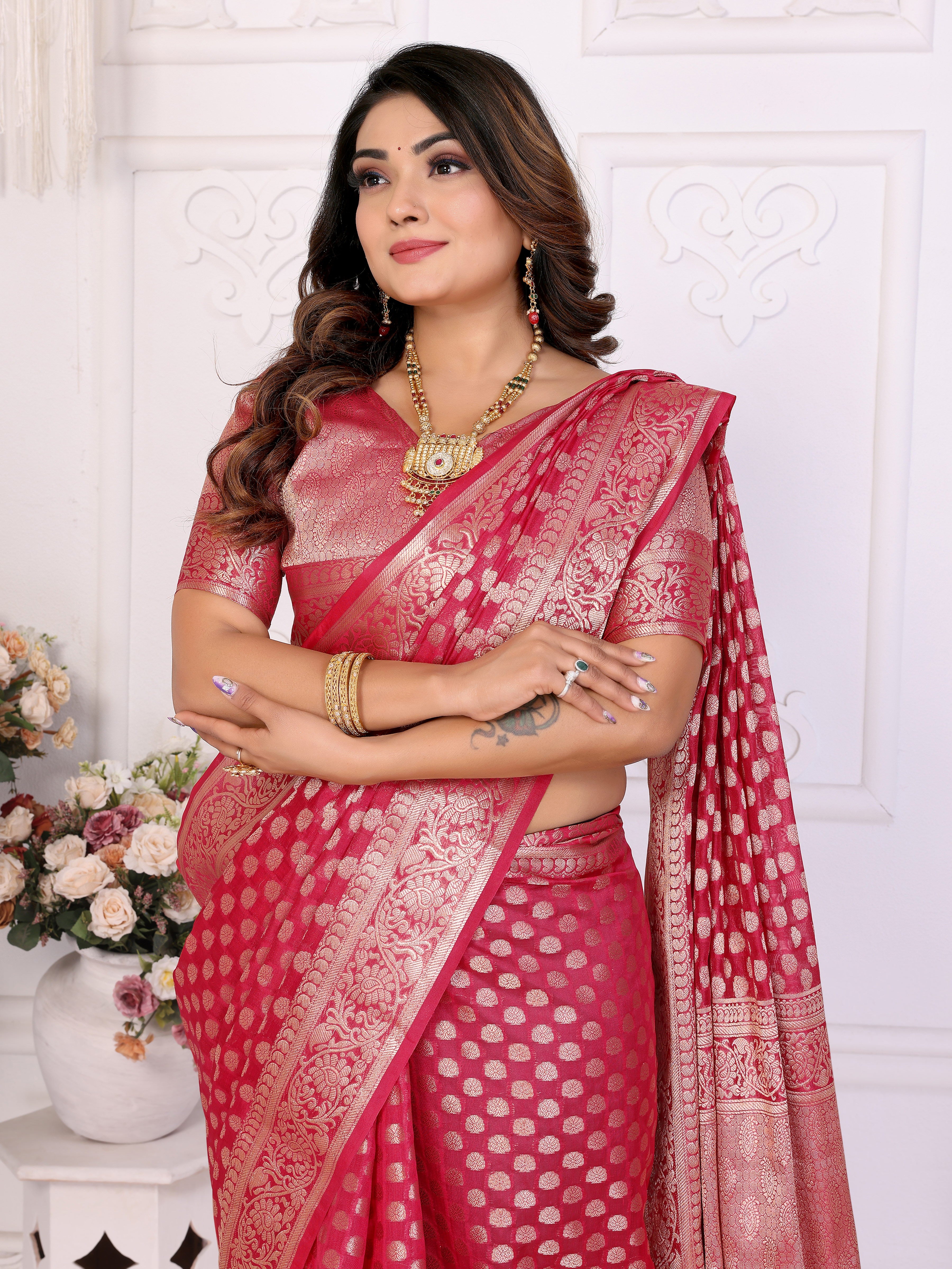 Maroon Organza Gold Zari Designer Ceremonial Saree