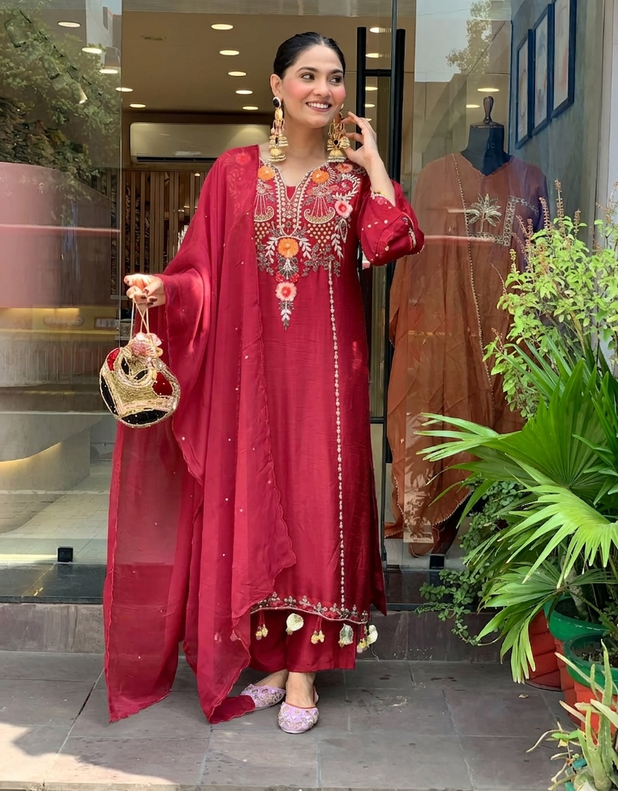 Maroon P.V Chanderi Kurta Pant Set With Heavy Thread Embroidery Work