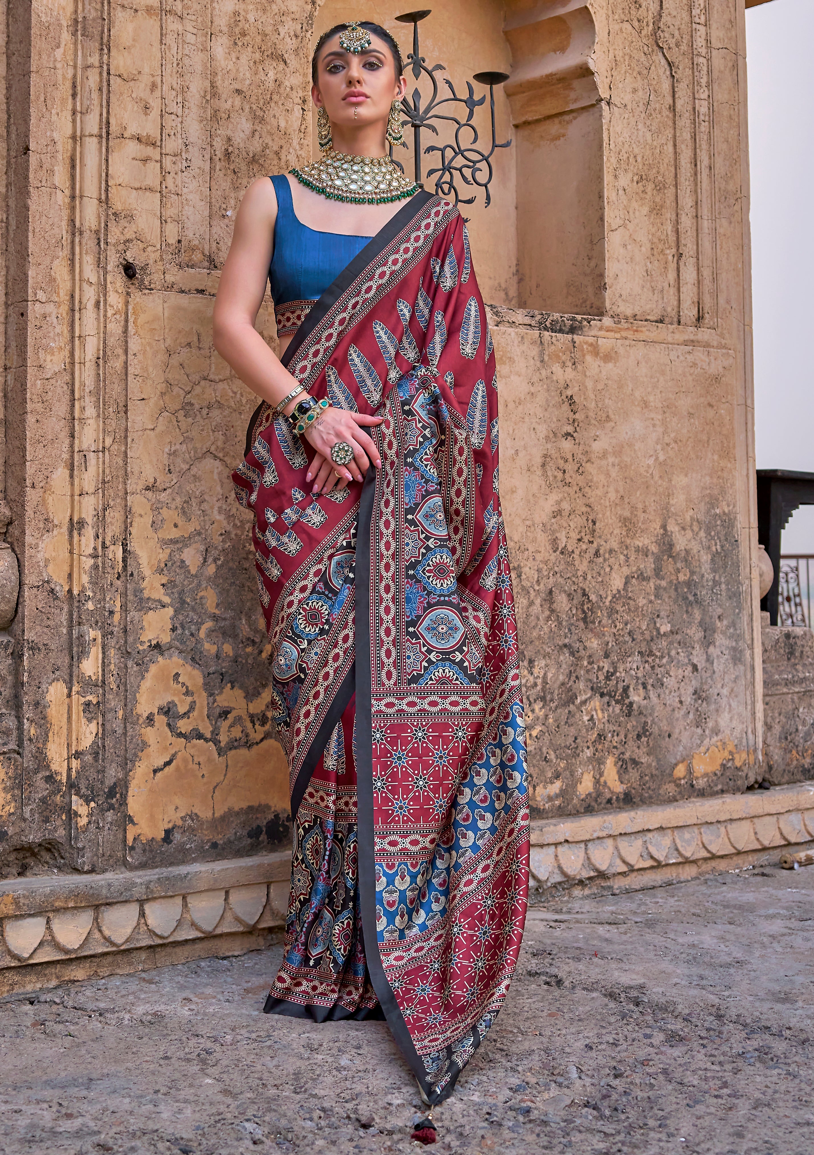 Maroon PV Silk Saree with Ajrakh Print and Croma Finish