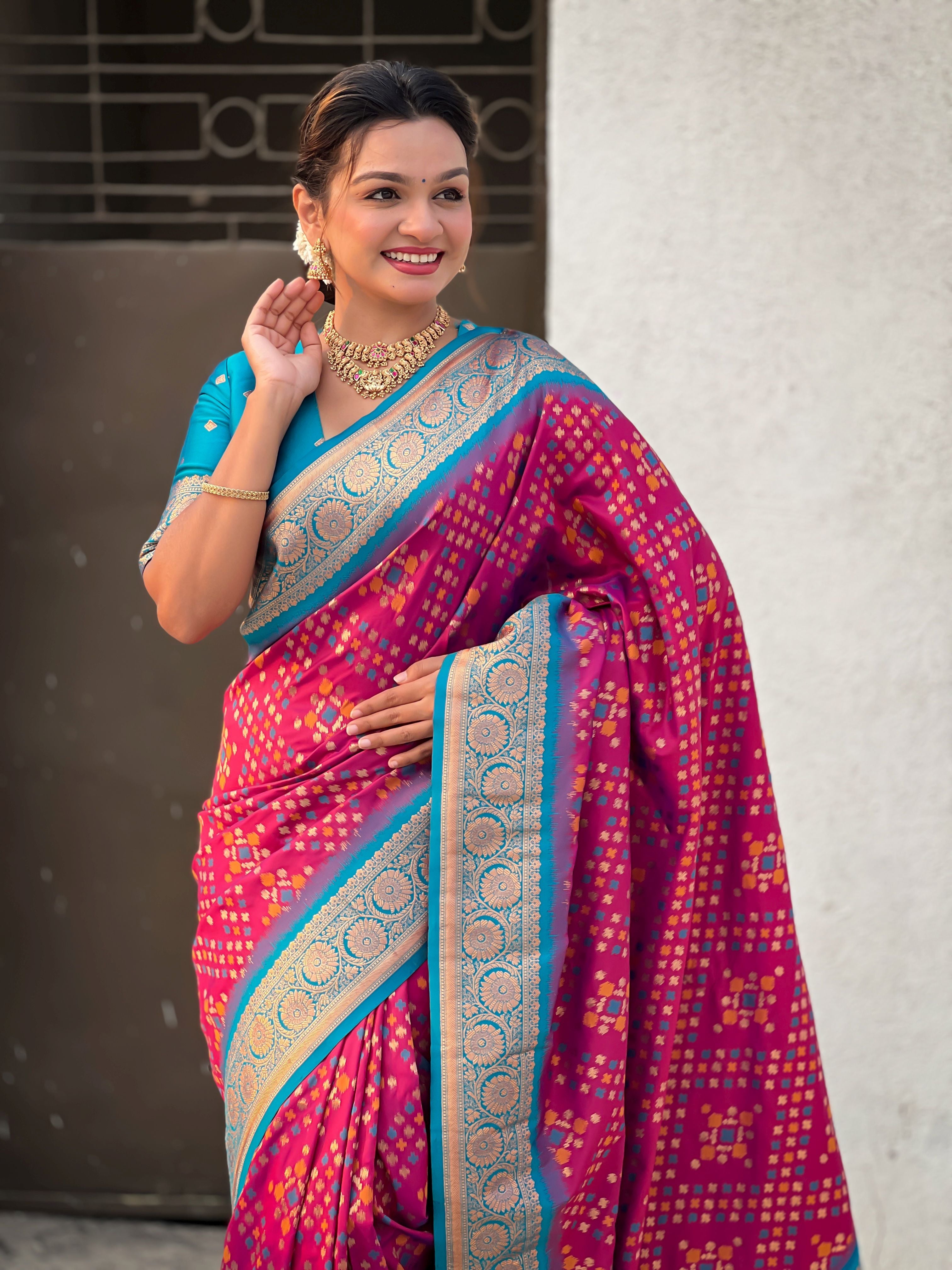 Maroon Patola Silk Weaving Ikkat Meenakari Designer Graceful Ceremonial Saree