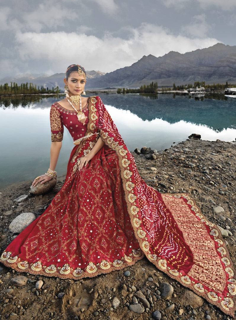 Maroon Pure Gajji Bandhej Satin Saree With Embroidred With Mirror, Moti and Cut Dana Work