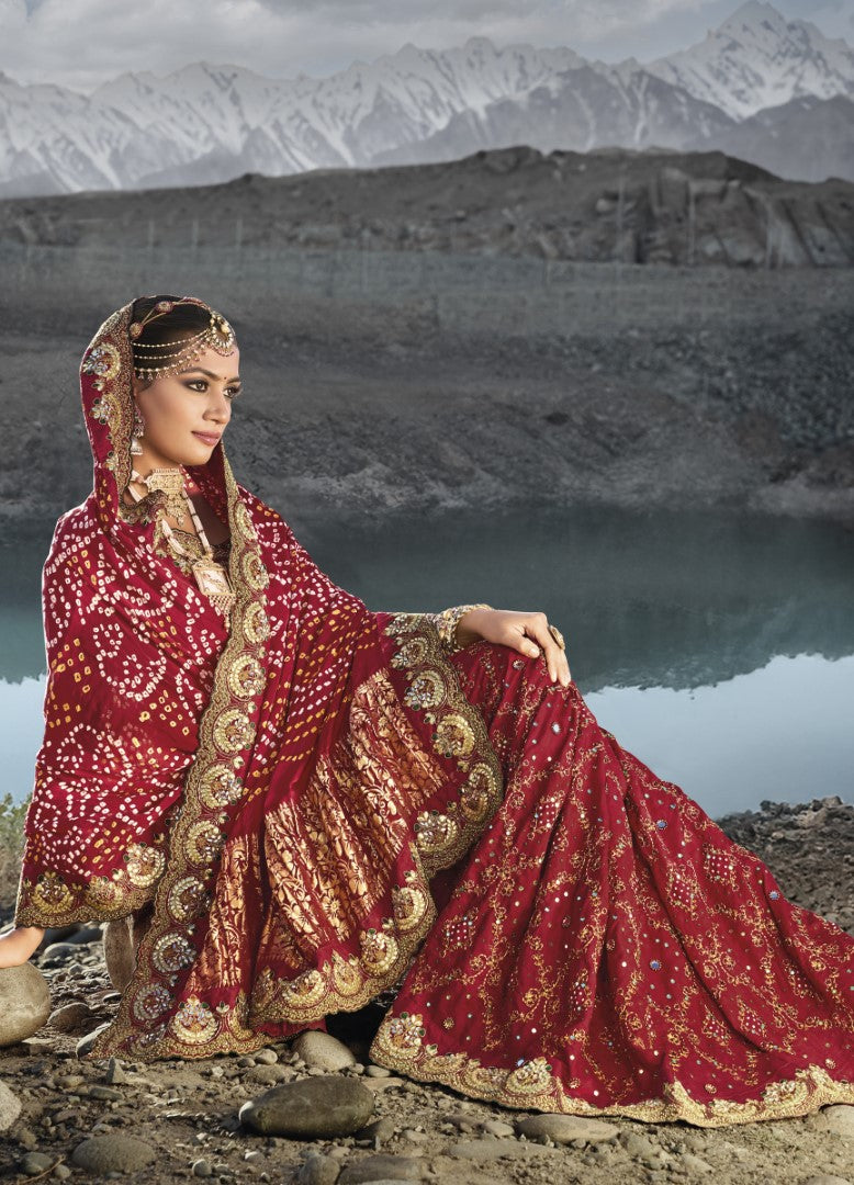 Maroon Pure Gajji Bandhej Satin Saree With Embroidred With Mirror, Moti and Cut Dana Work