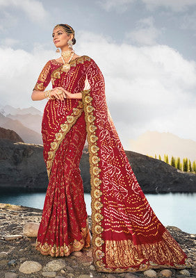 Maroon Pure Gajji Bandhej Satin Saree With Embroidred With Mirror, Moti and Cut Dana Work