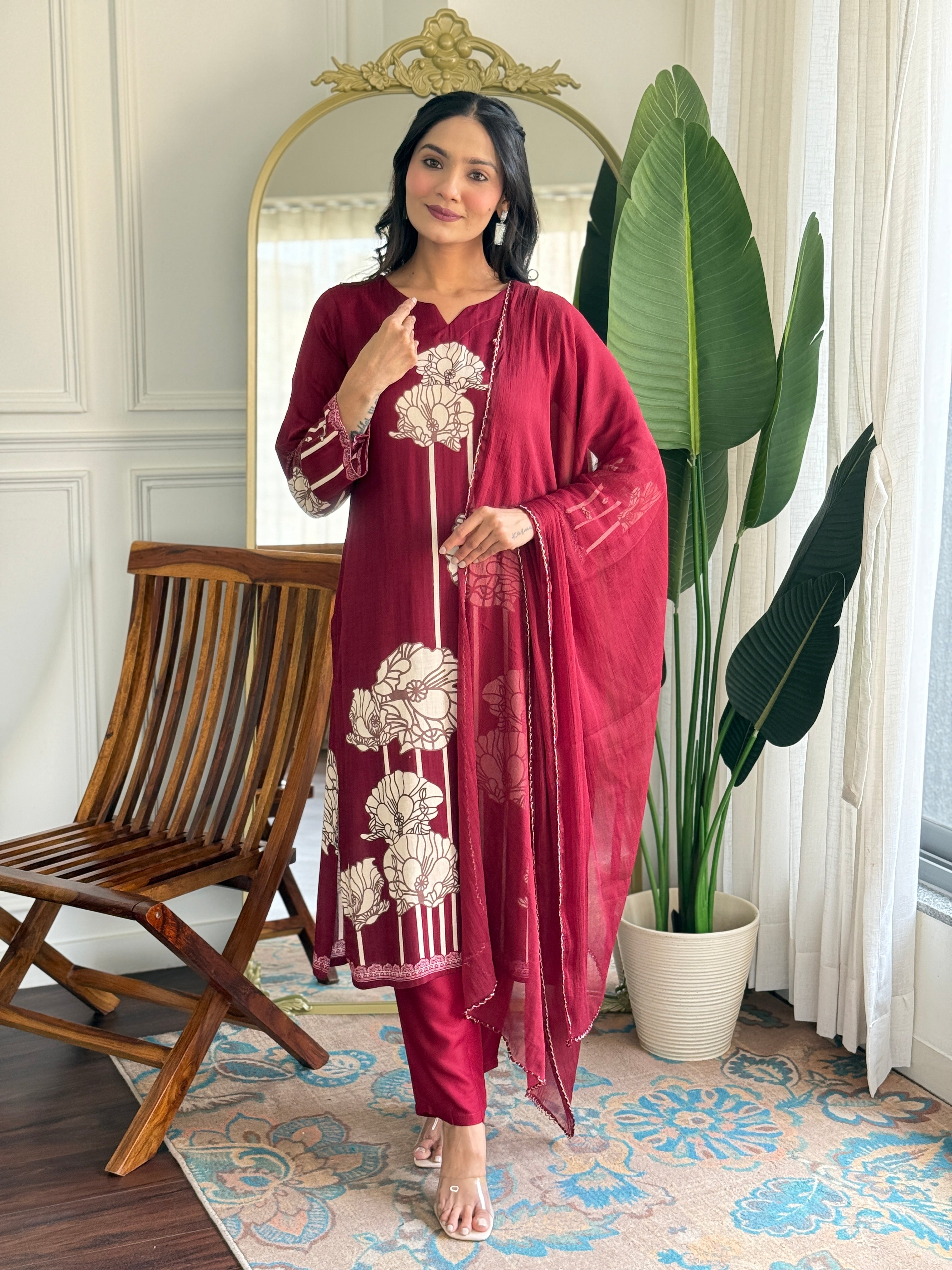 Maroon Pure Viscose Rayon Printed Kurta Pant