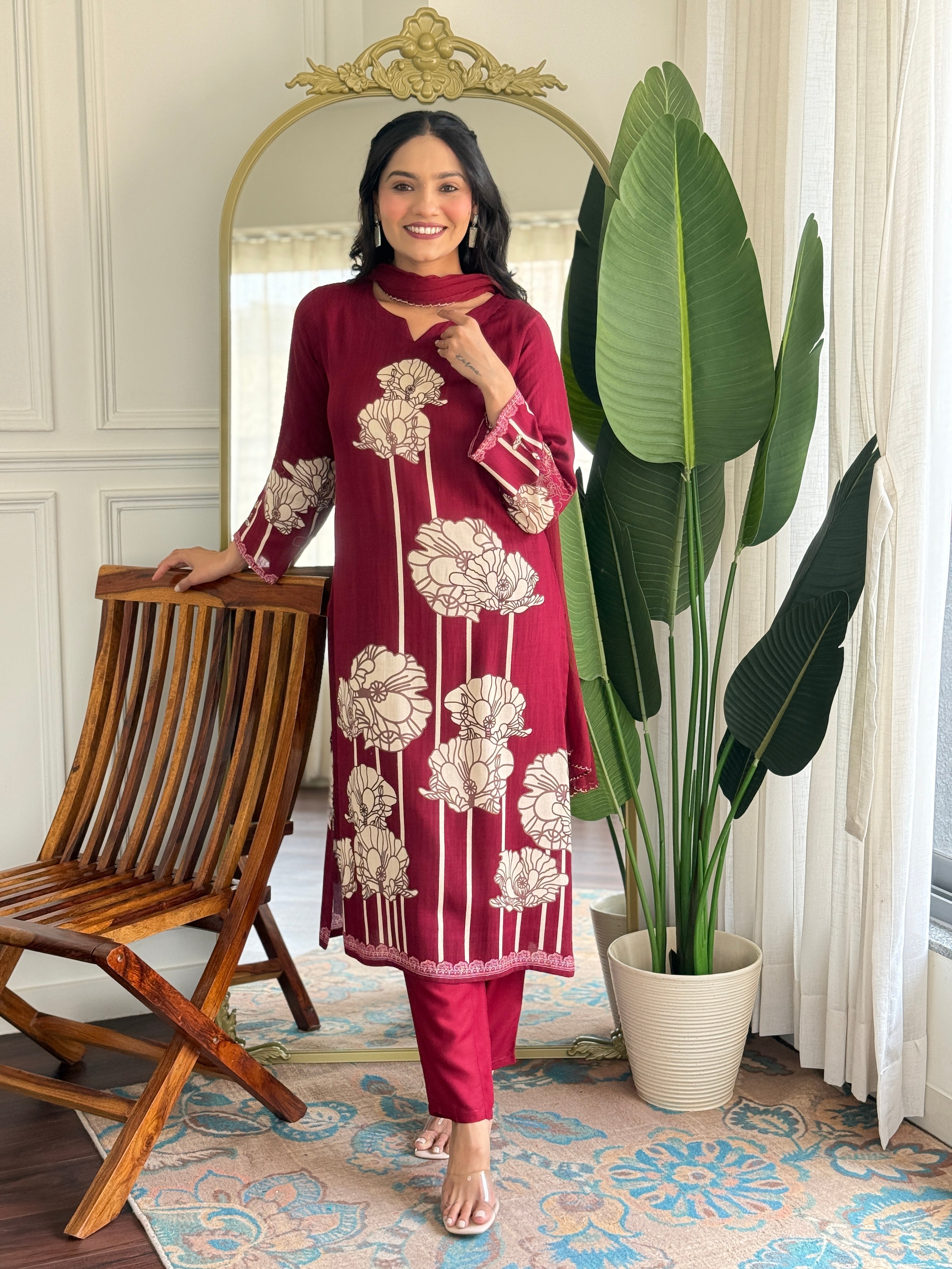 Maroon Pure Viscose Rayon Printed Kurta Pant