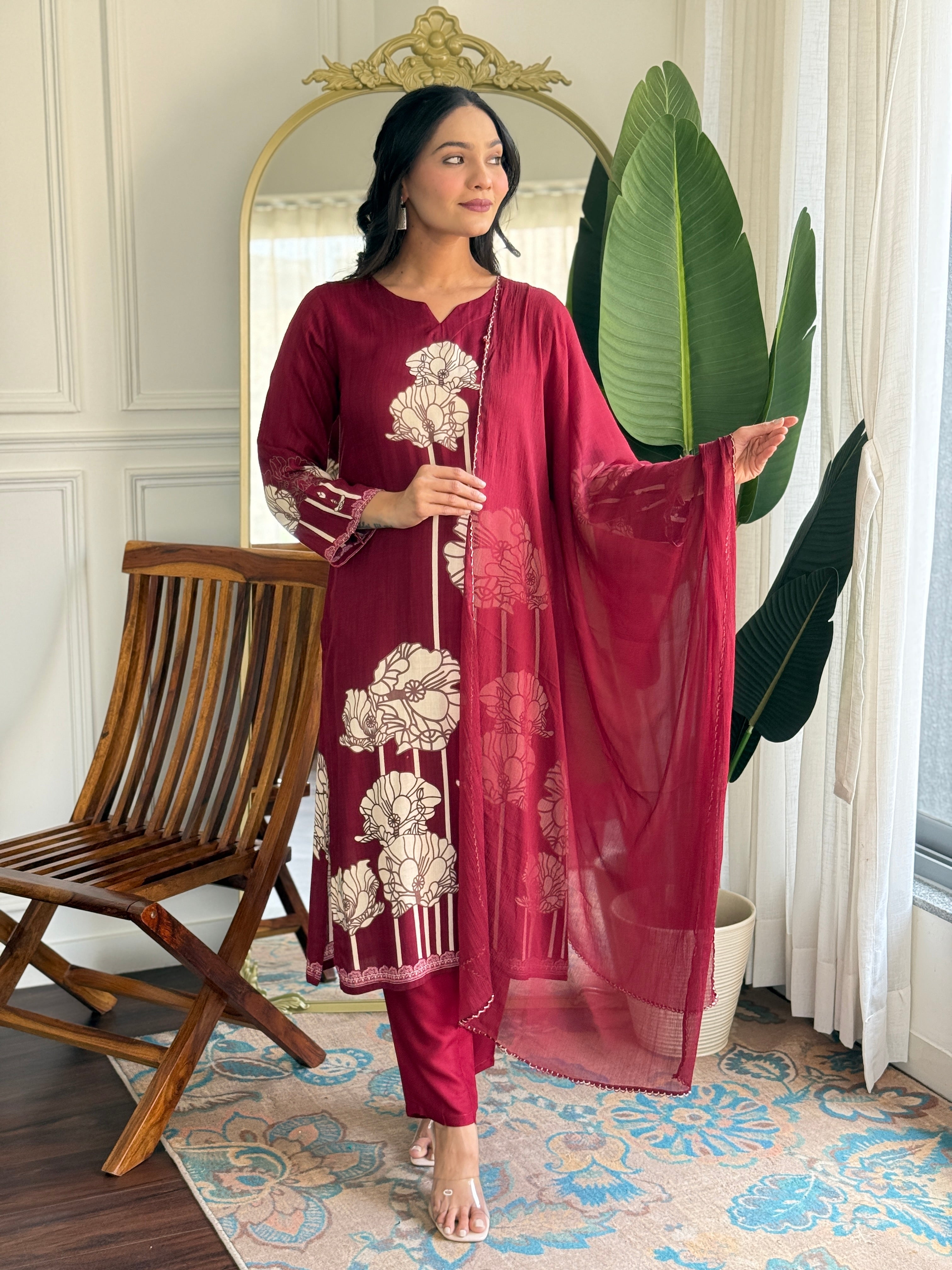 Maroon Pure Viscose Rayon Printed Kurta Pant