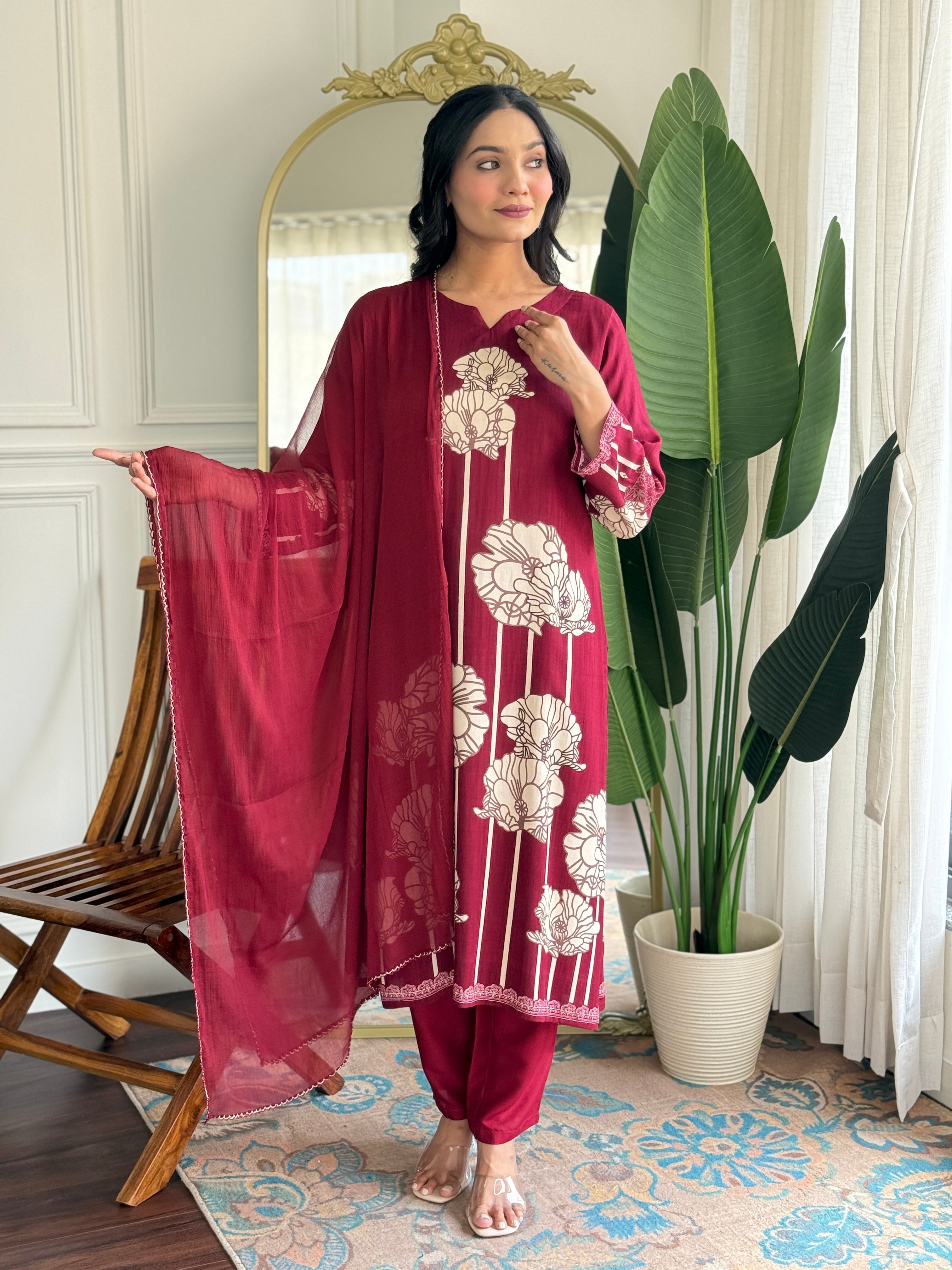 Maroon Pure Viscose Rayon Printed Kurta Pant