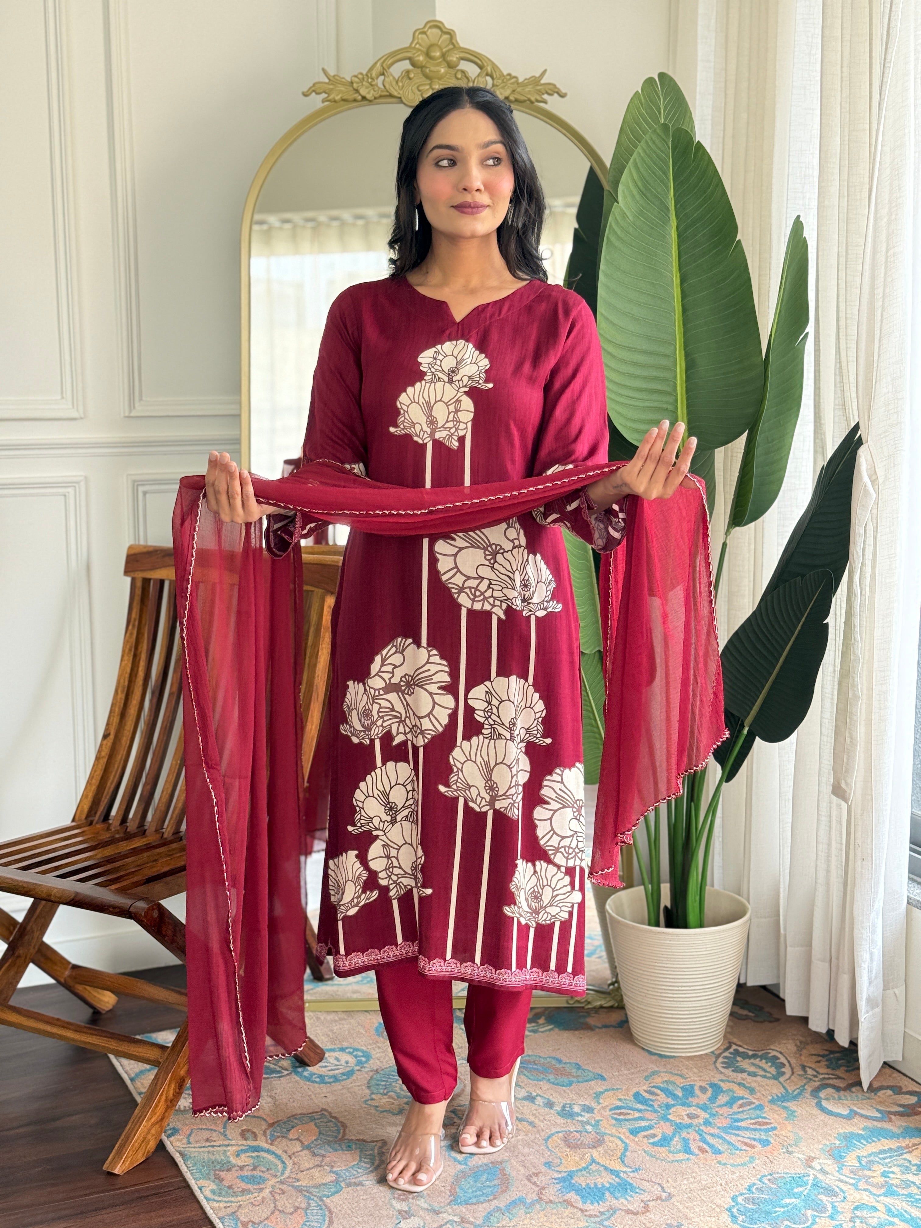 Maroon Pure Viscose Rayon Printed Kurta Pant