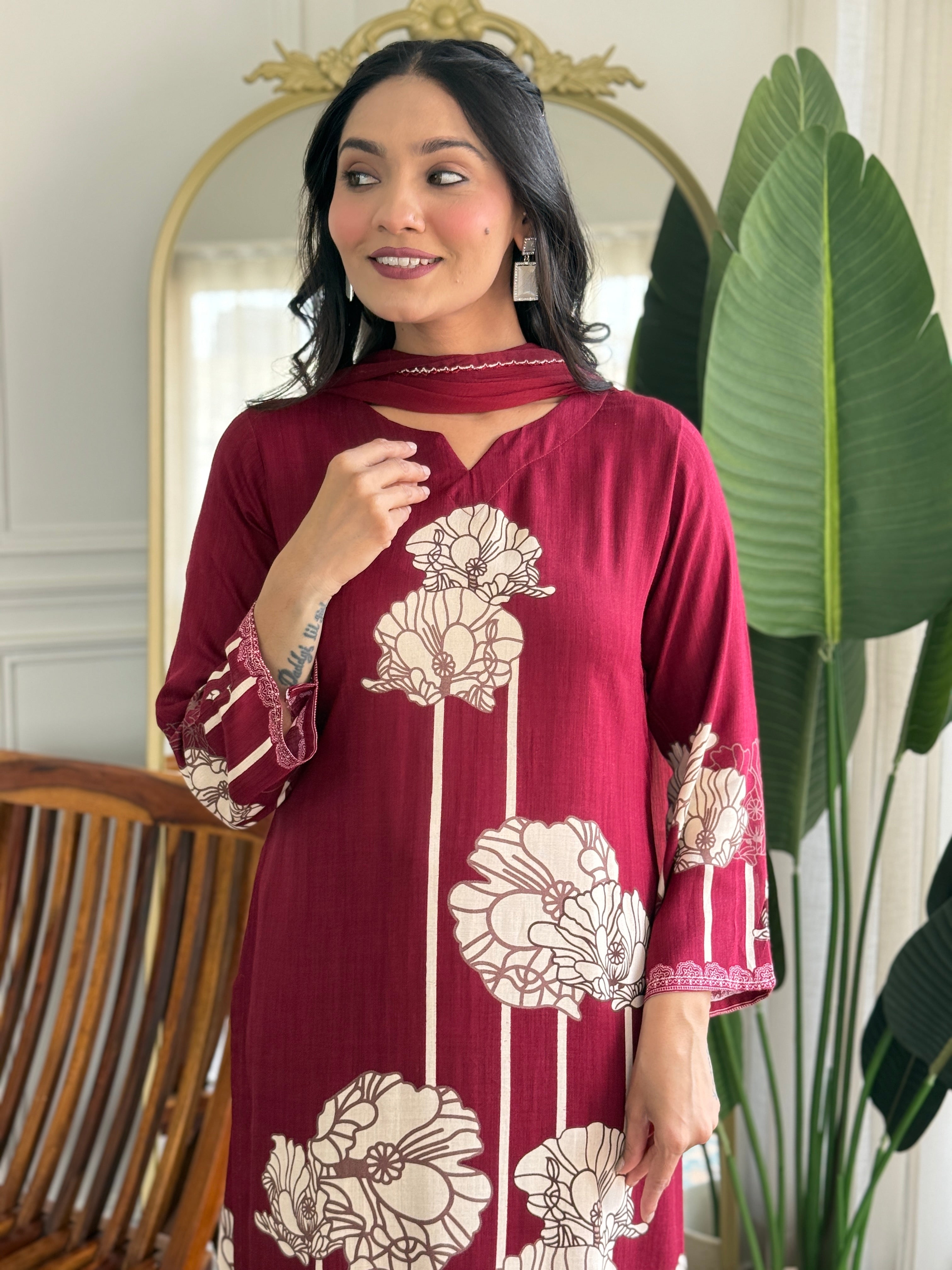 Maroon Pure Viscose Rayon Printed Kurta Pant