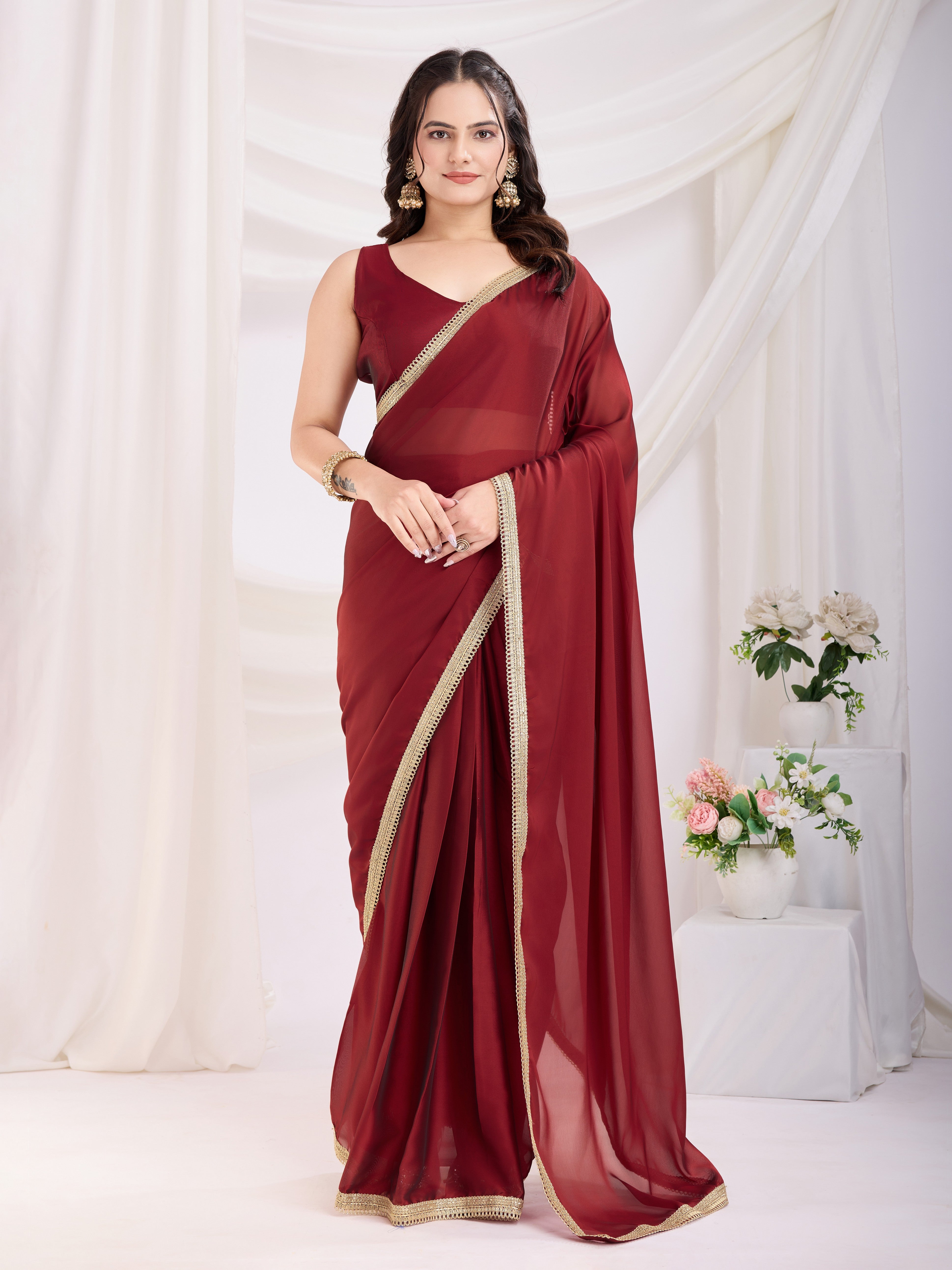 Maroon Rangoli Silk Pre Stitched Solid Printed Saree With Lace Border