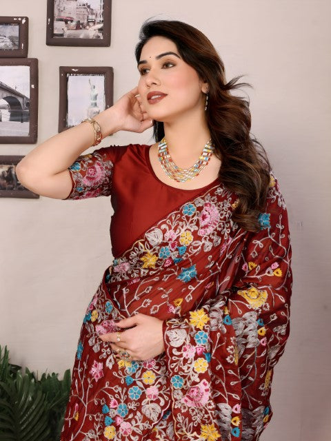 Maroon Rangoli Silk Saree with Embroidery with piping border Work