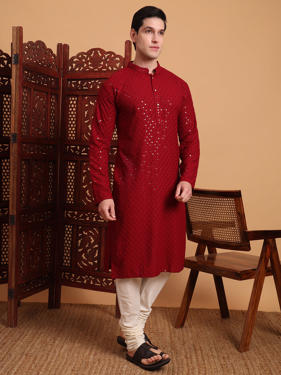 Maroon Rayon Chikankari Embroidered Traditional Kurta Pajama