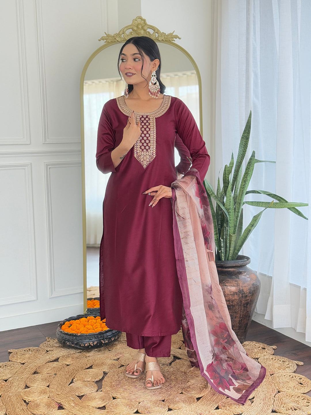 Maroon Rayon Elegant Kurta Pant Set With Embroidery Work