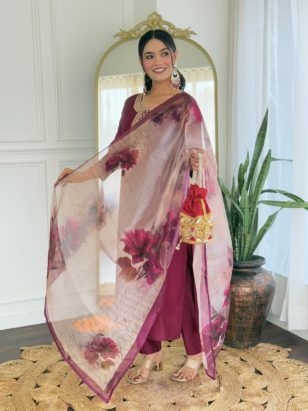 Maroon Rayon Elegant Kurta Pant Set With Embroidery Work