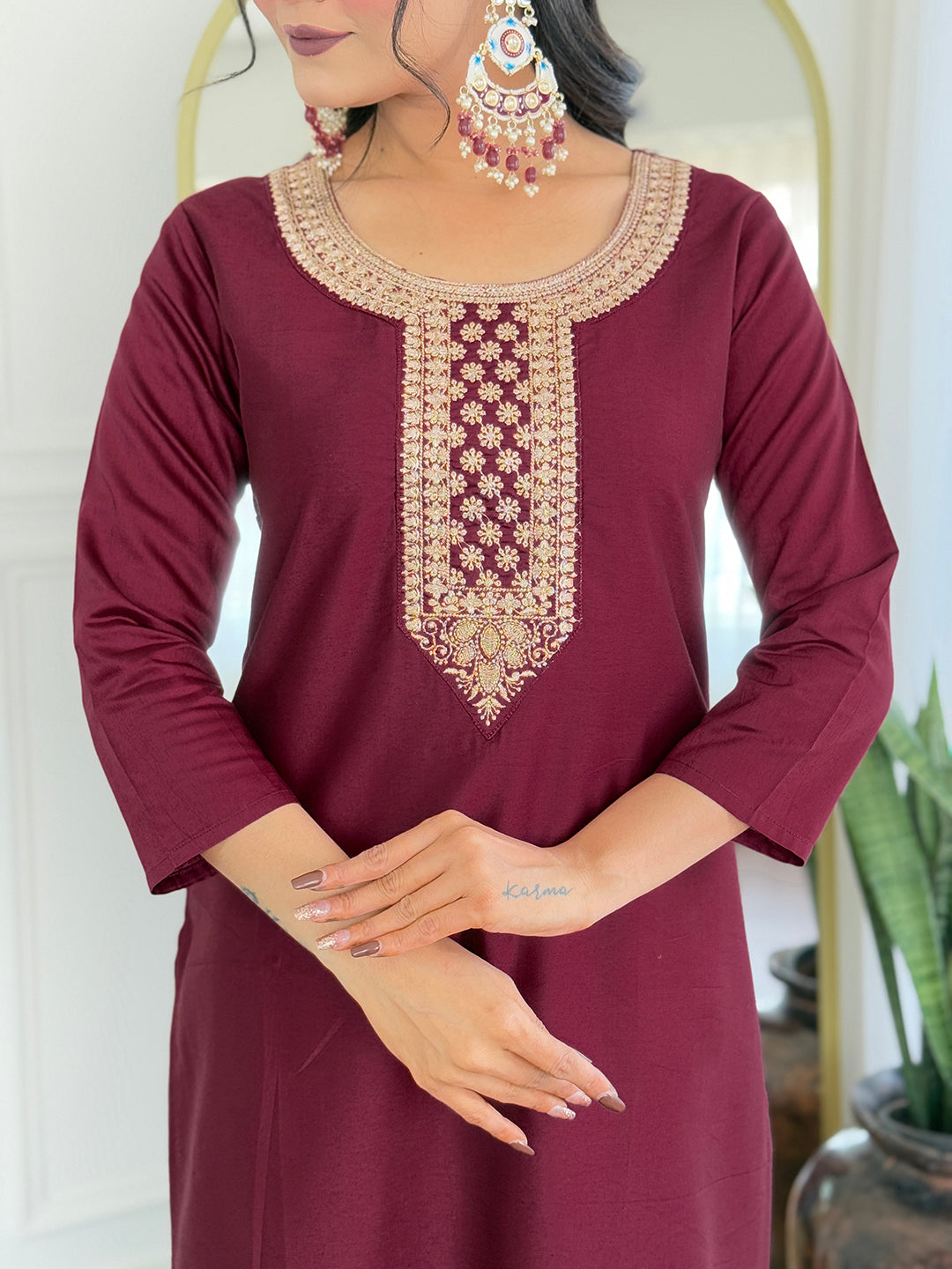 Maroon Rayon Elegant Kurta Pant Set With Embroidery Work