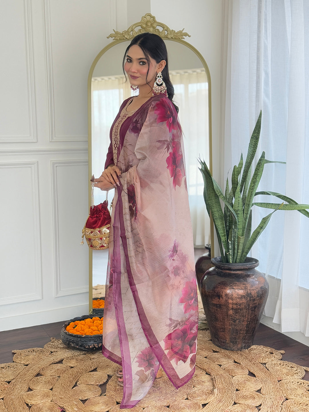 Maroon Rayon Elegant Kurta Pant Set With Embroidery Work