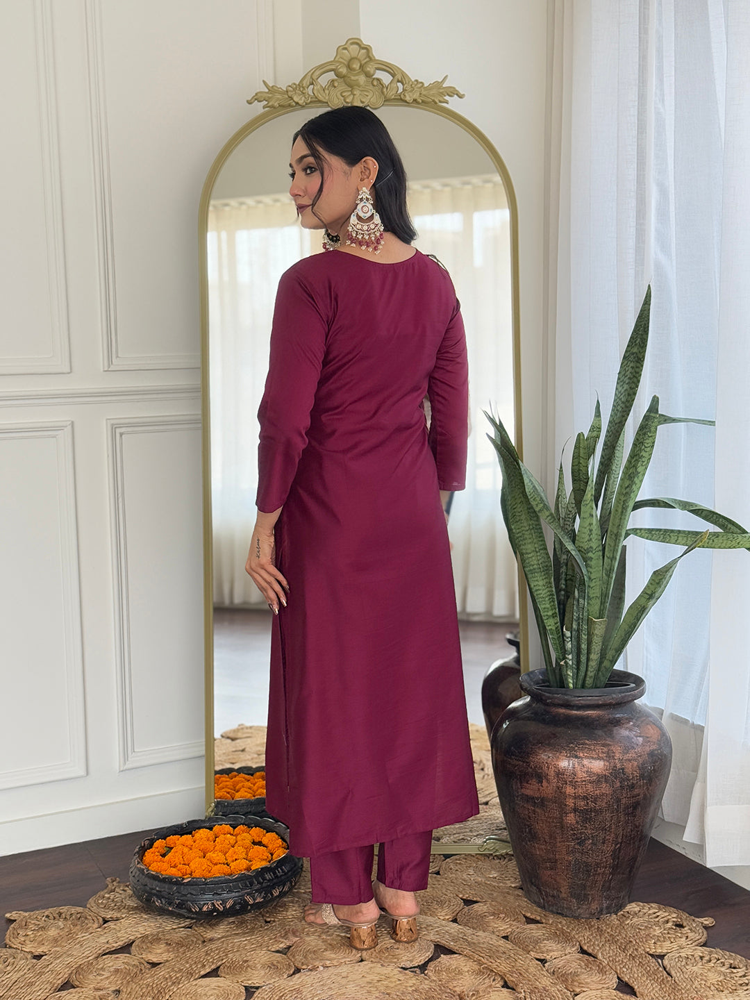 Maroon Rayon Elegant Kurta Pant Set With Embroidery Work