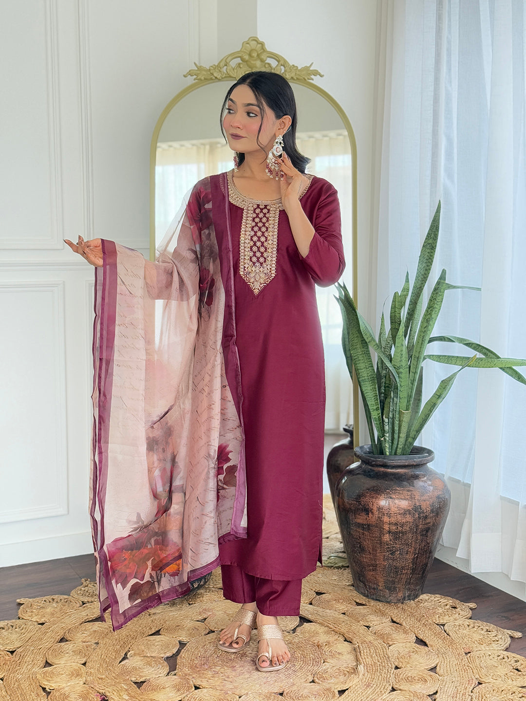 Maroon Rayon Elegant Kurta Pant Set With Embroidery Work