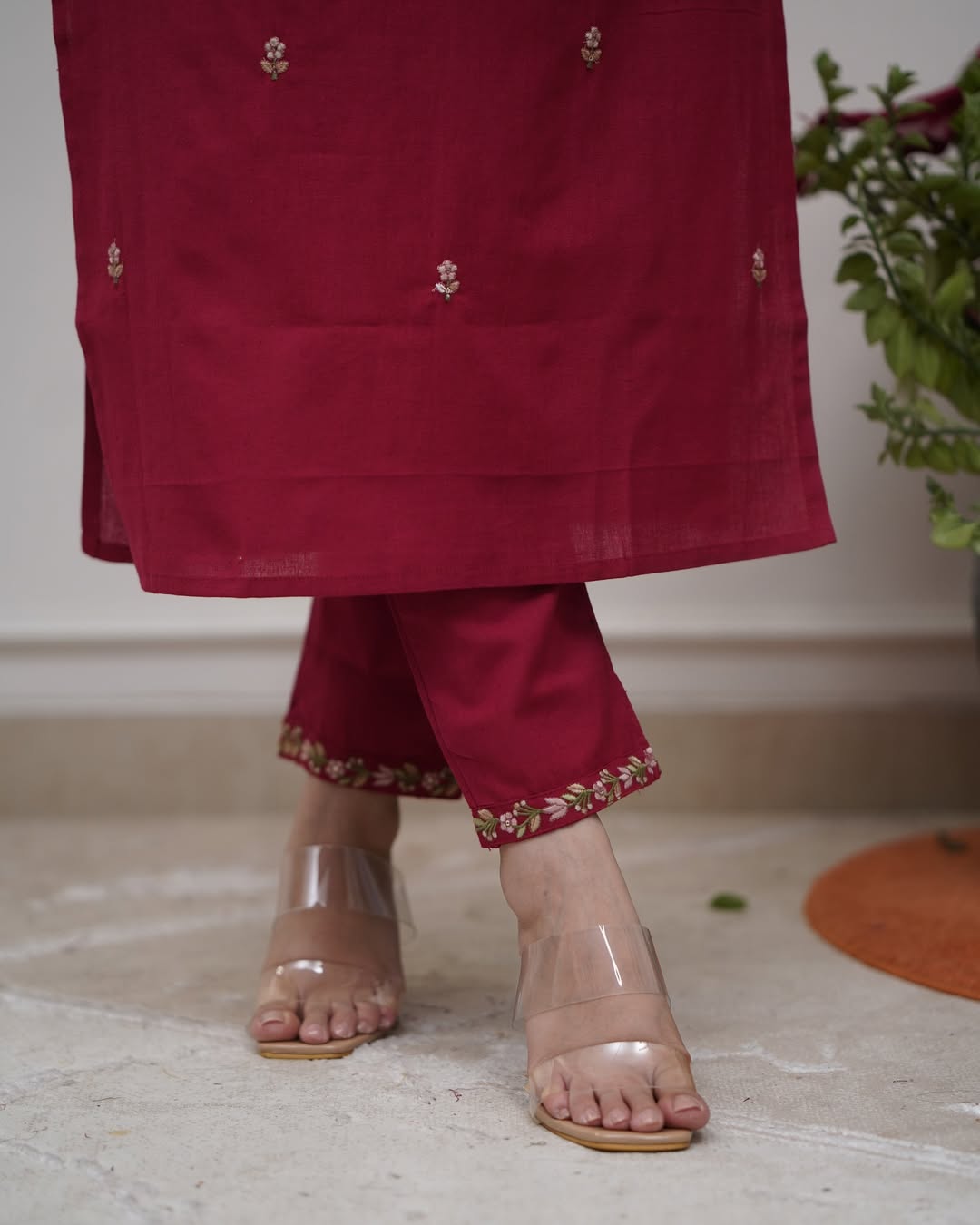 Maroon Rayon Kurta Pant with Heavy Thread Embroidery Work