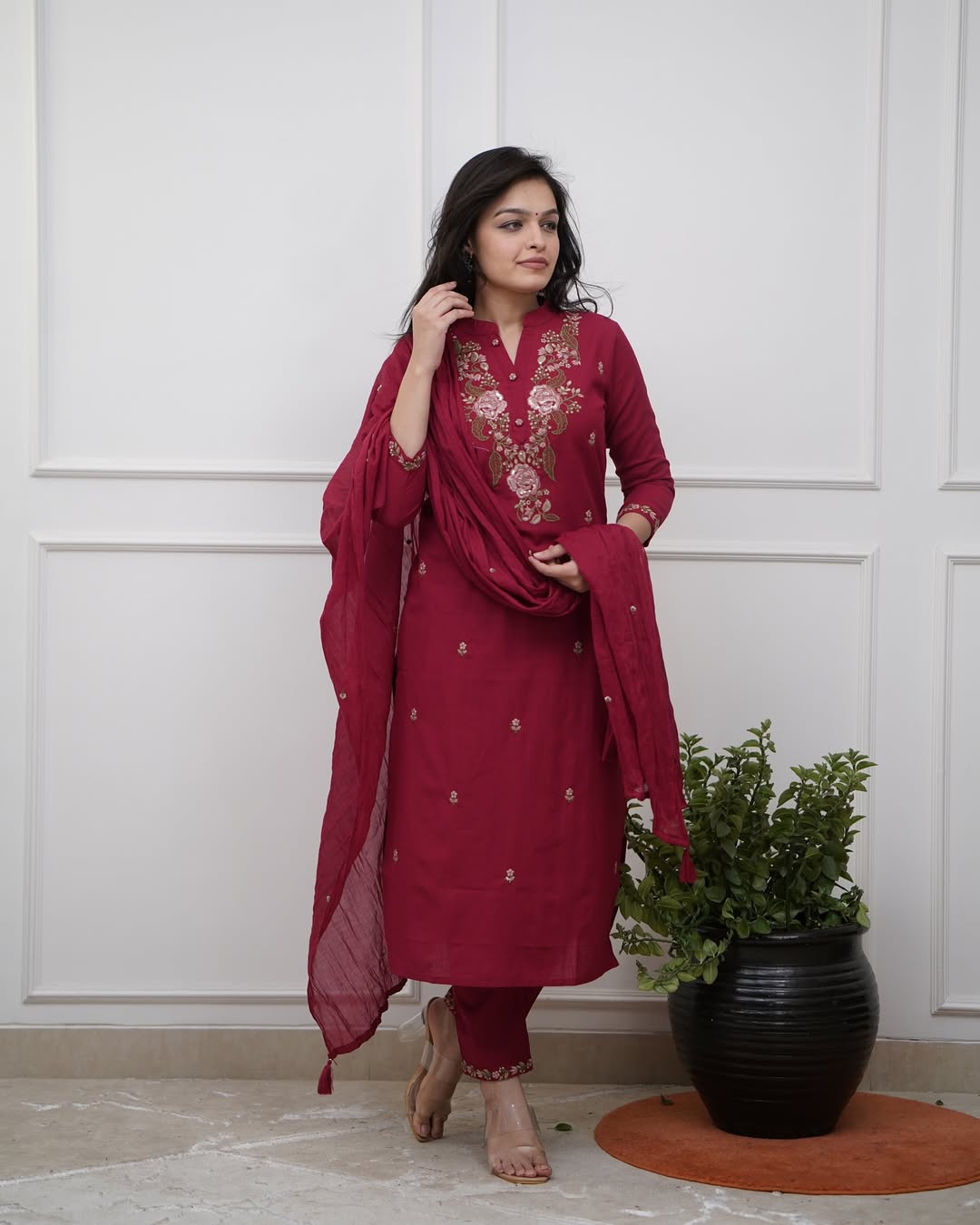 Maroon Rayon Kurta Pant with Heavy Thread Embroidery Work