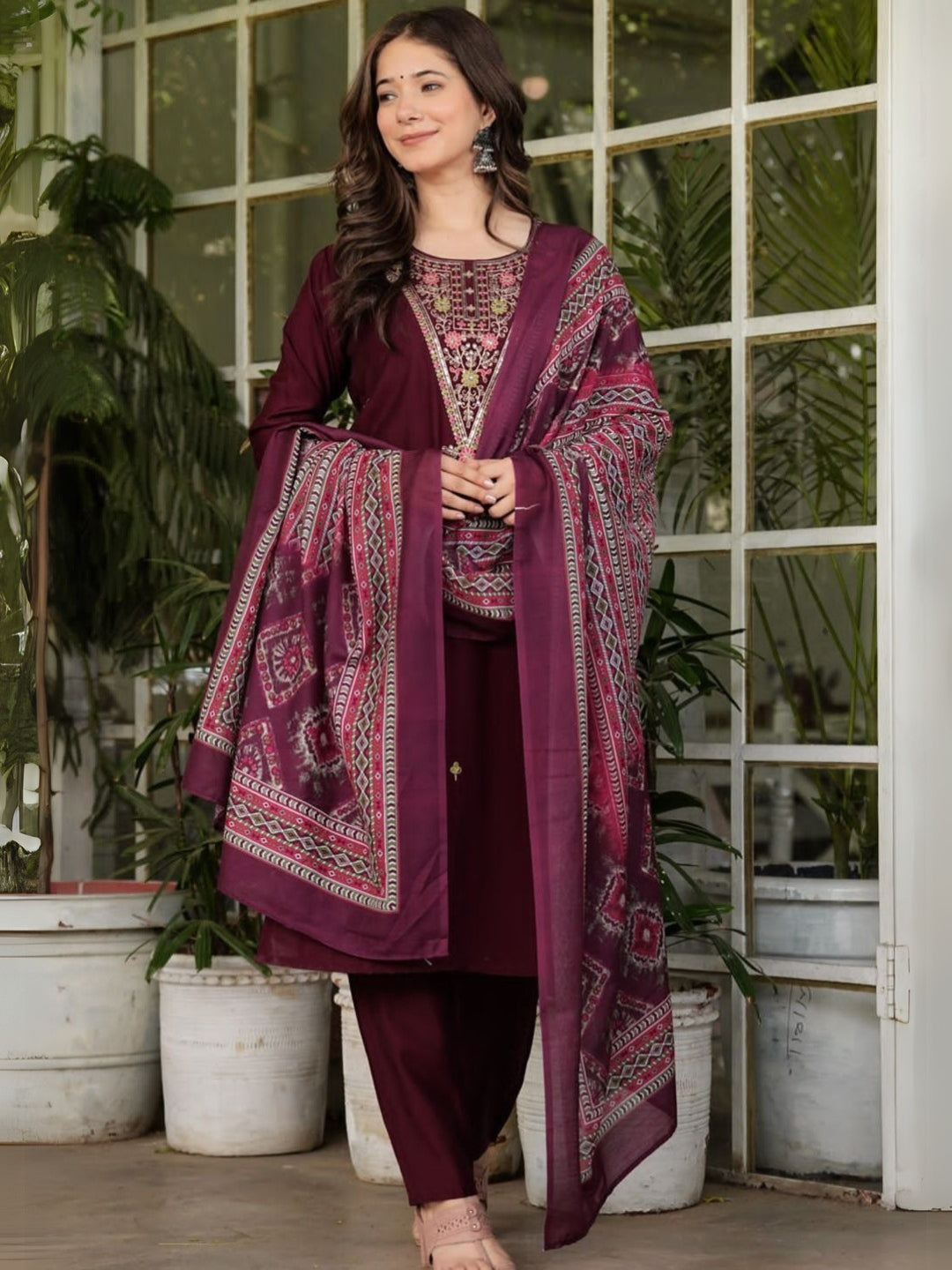Maroon Rayon Slub Elegant Kurta Pant Set With Embroidery Work