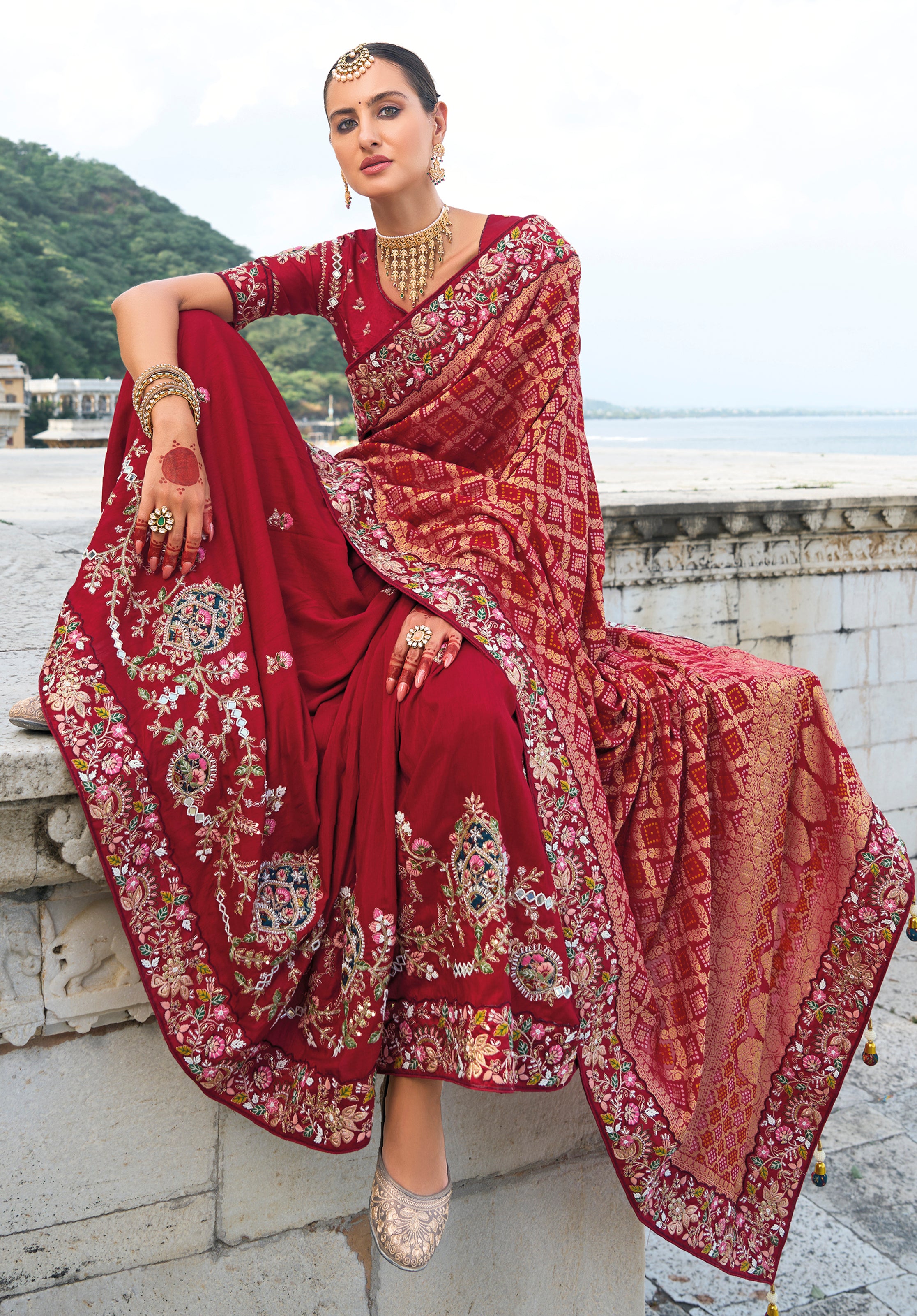 Maroon Saree With Heavy Embroidered Work