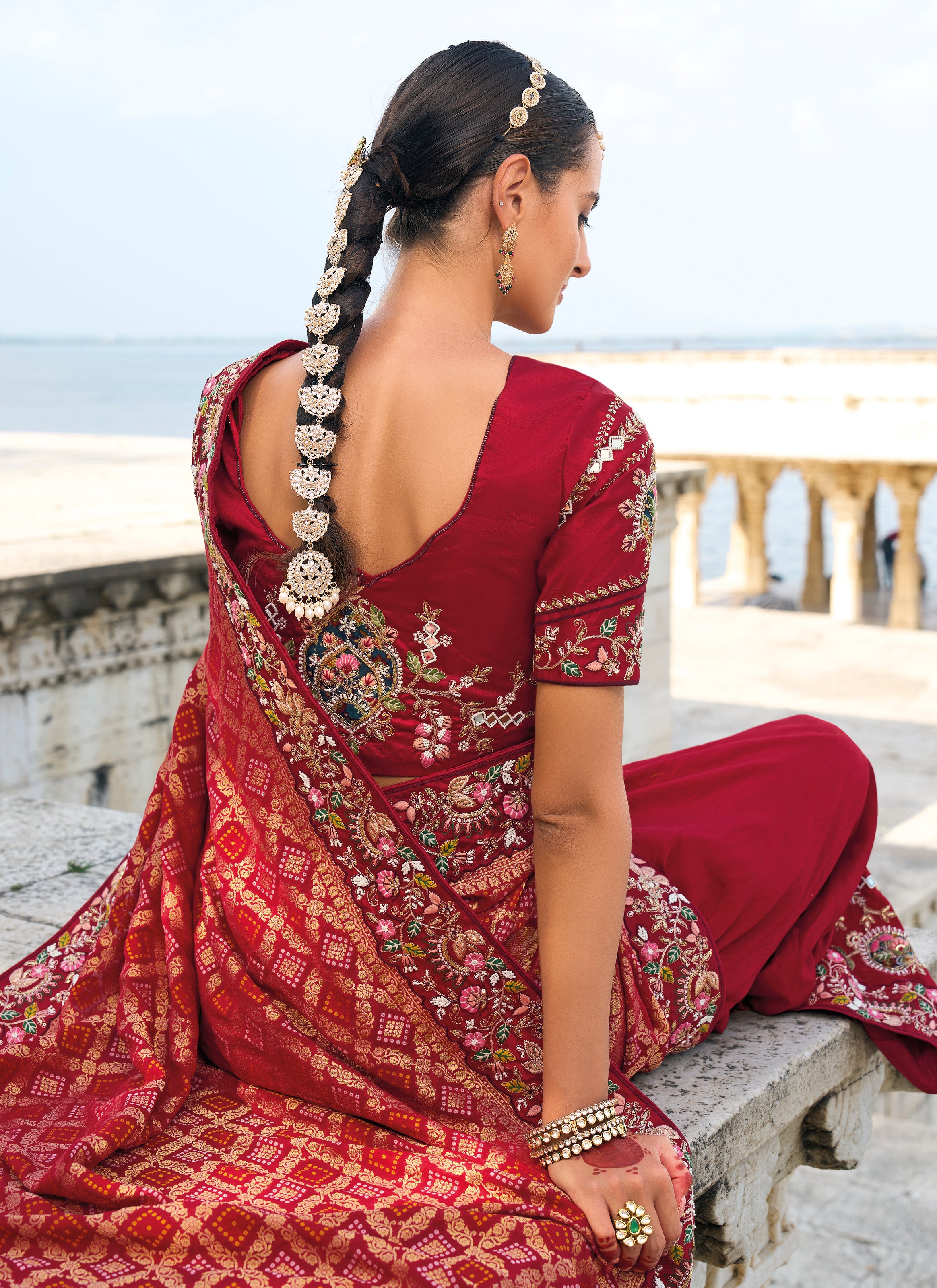 Maroon Saree With Heavy Embroidered Work