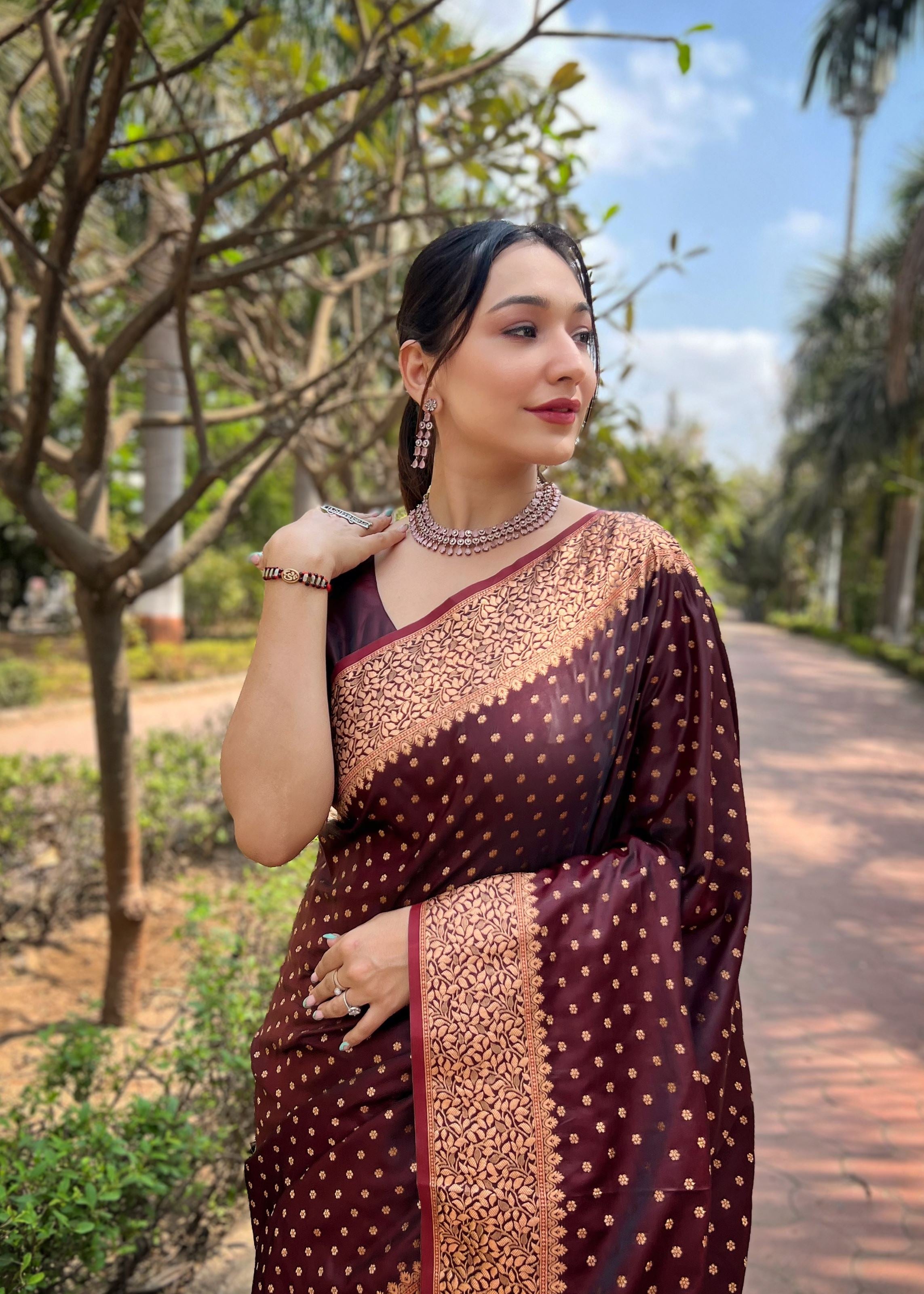 Maroon Satin Saree With Woven Work
