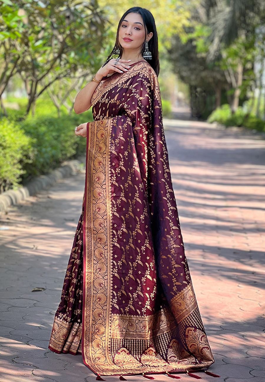 Maroon Satin Saree With Woven Work