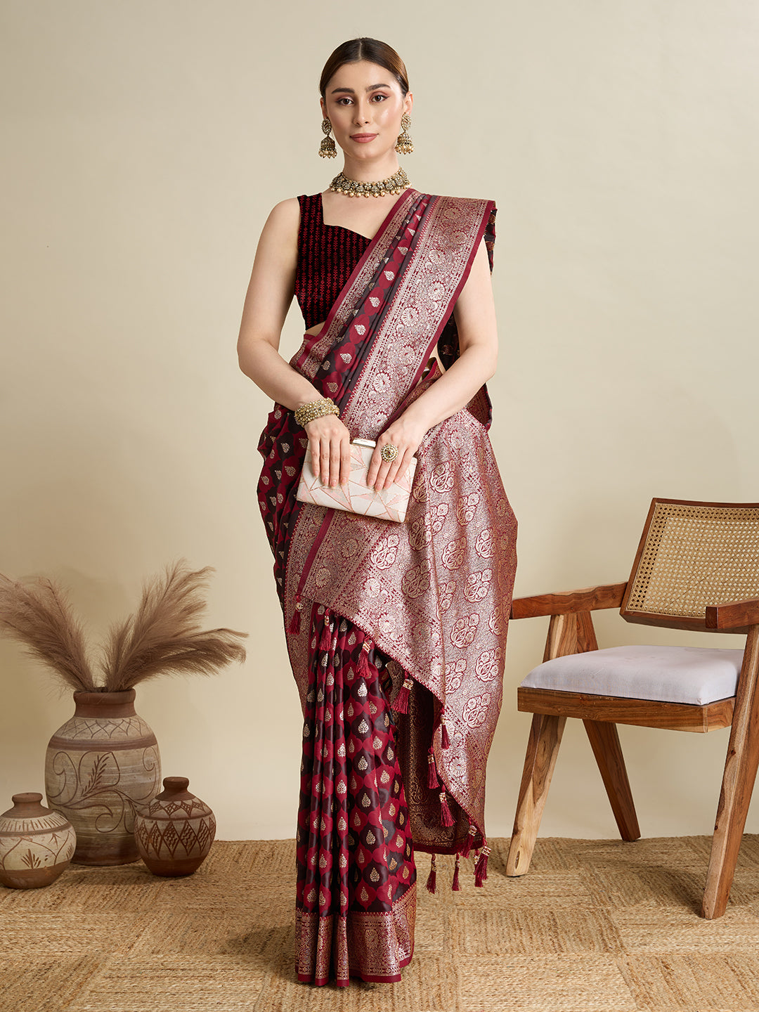 Maroon Satin Silk Woven Jari Designer Graceful Ethnic Saree