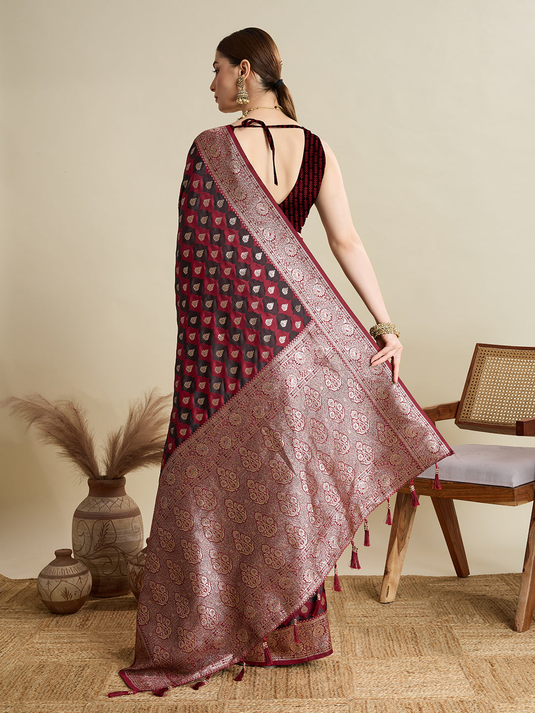 Maroon Satin Silk Woven Jari Designer Graceful Ethnic Saree