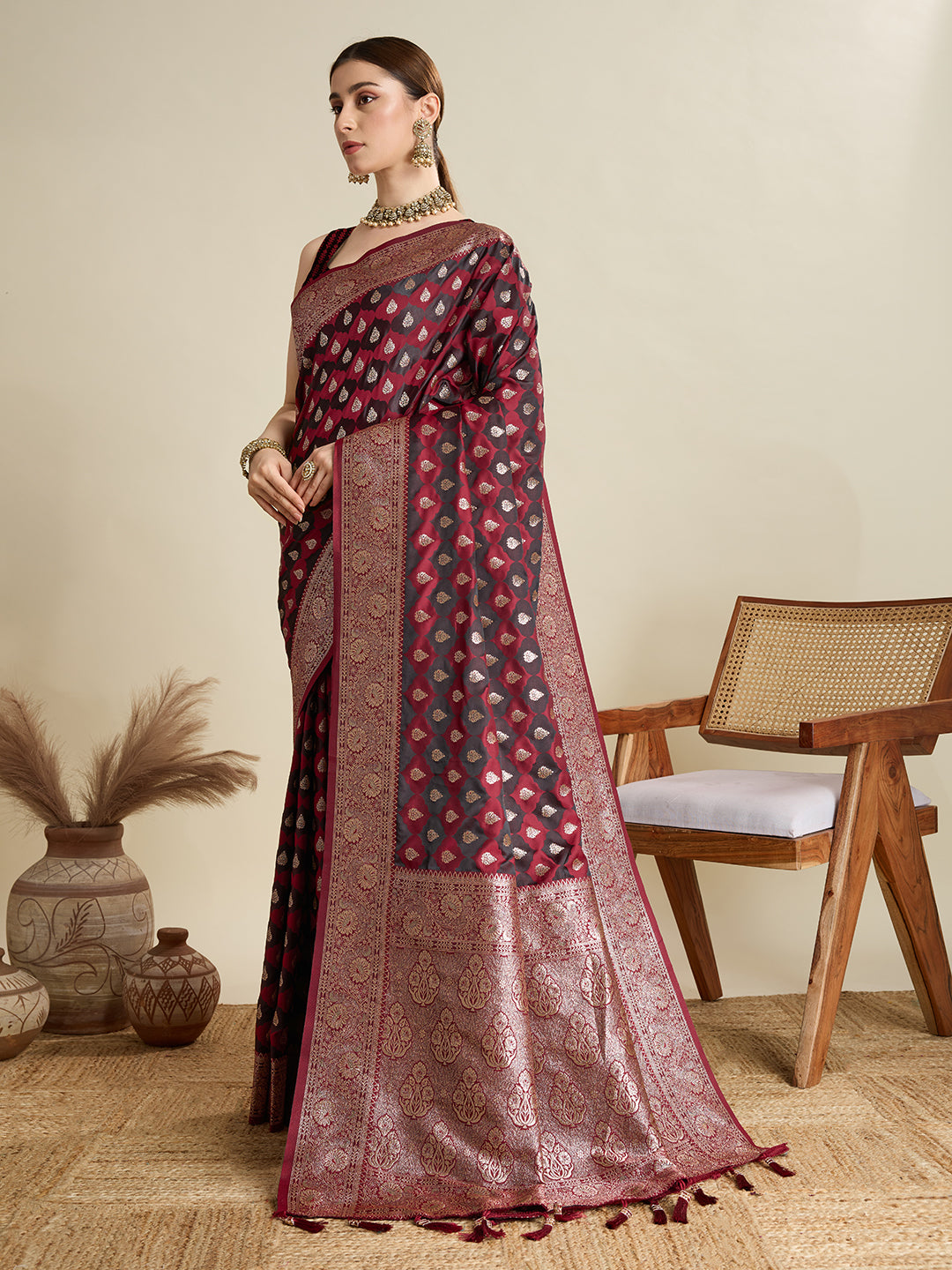 Maroon Satin Silk Woven Jari Designer Graceful Ethnic Saree